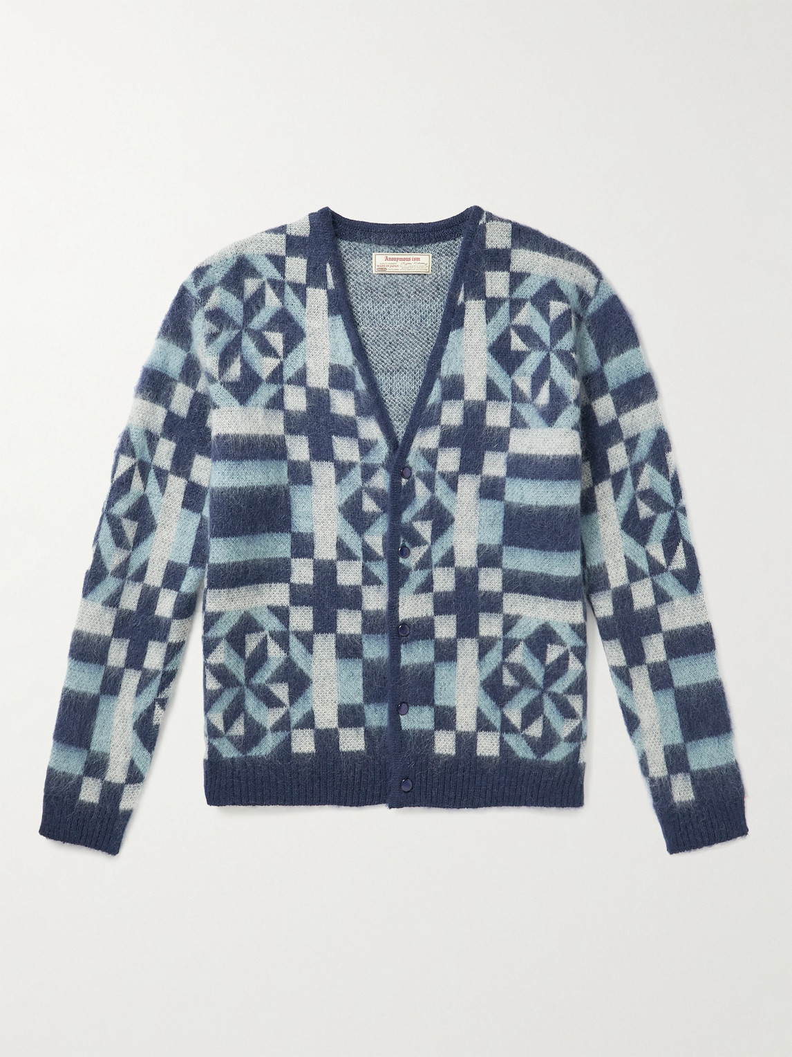 Anonymous Ism Jacquard-knit Cardigan In Blue