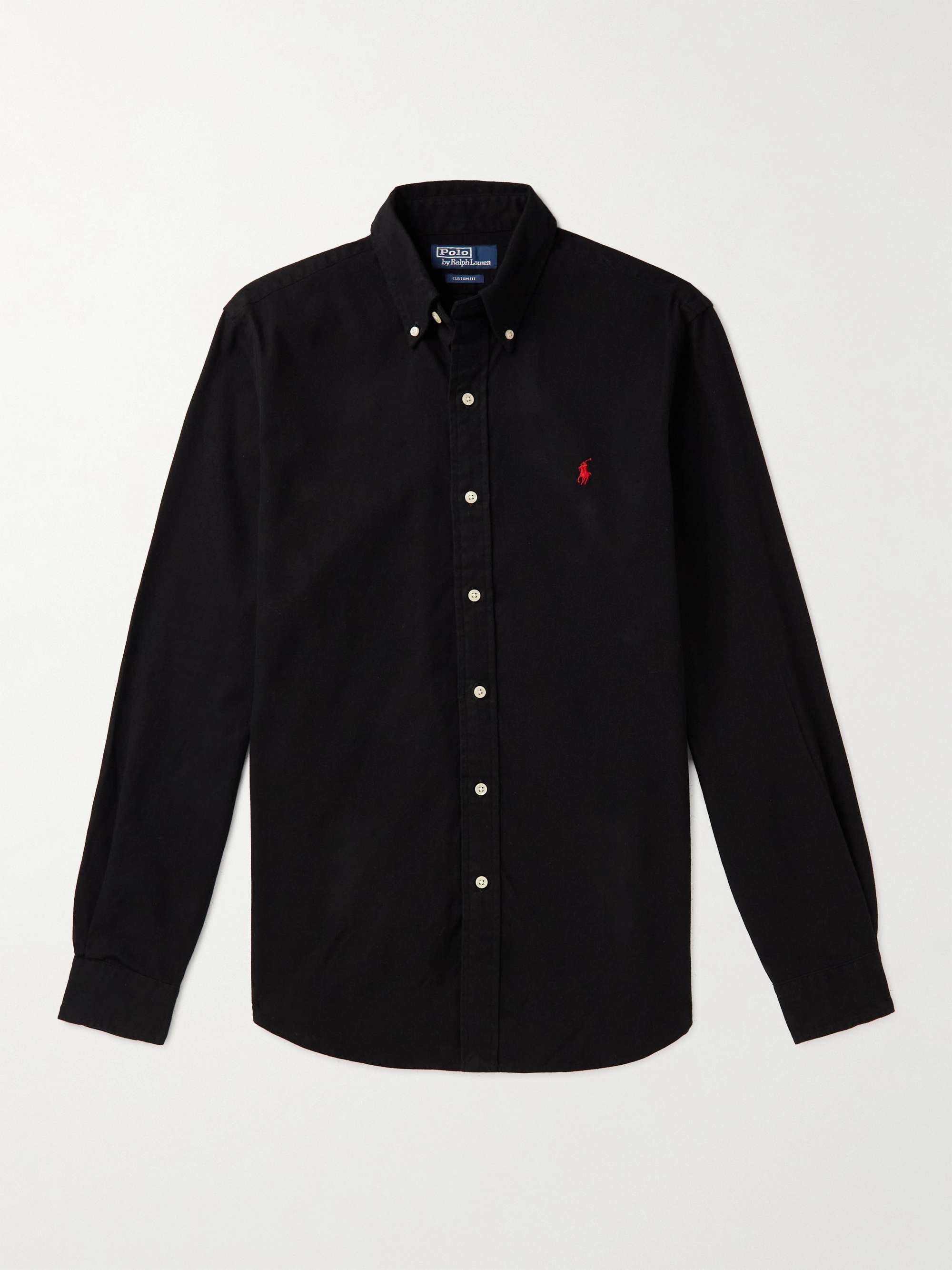 POLO RALPH LAUREN Button-Down Collar Logo-Embroidered Cotton-Flannel Shirt,Black