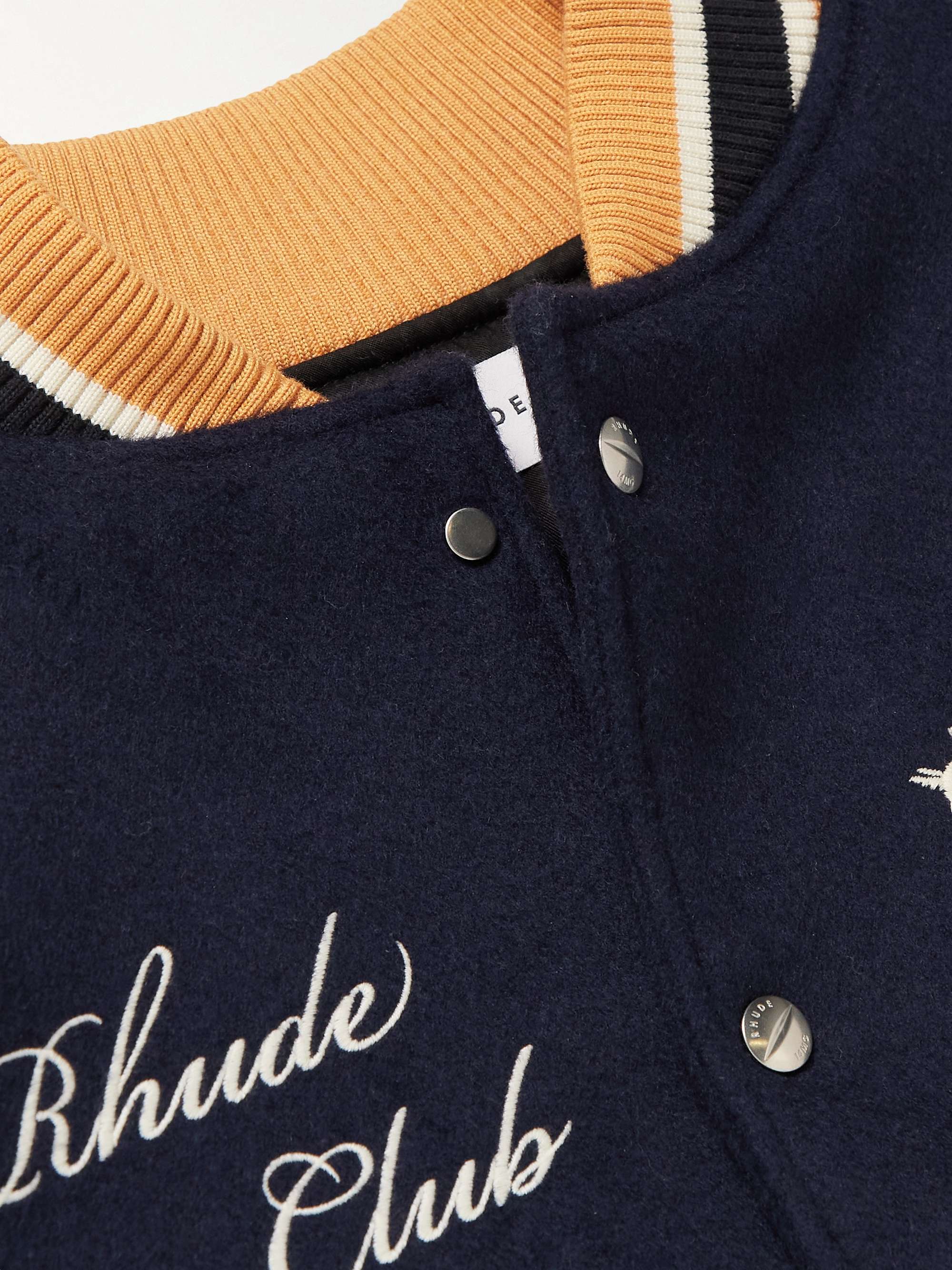 RHUDE Wine Club Logo-Embroidered Full-Grain Leather and Wool-Blend Bomber Jacket