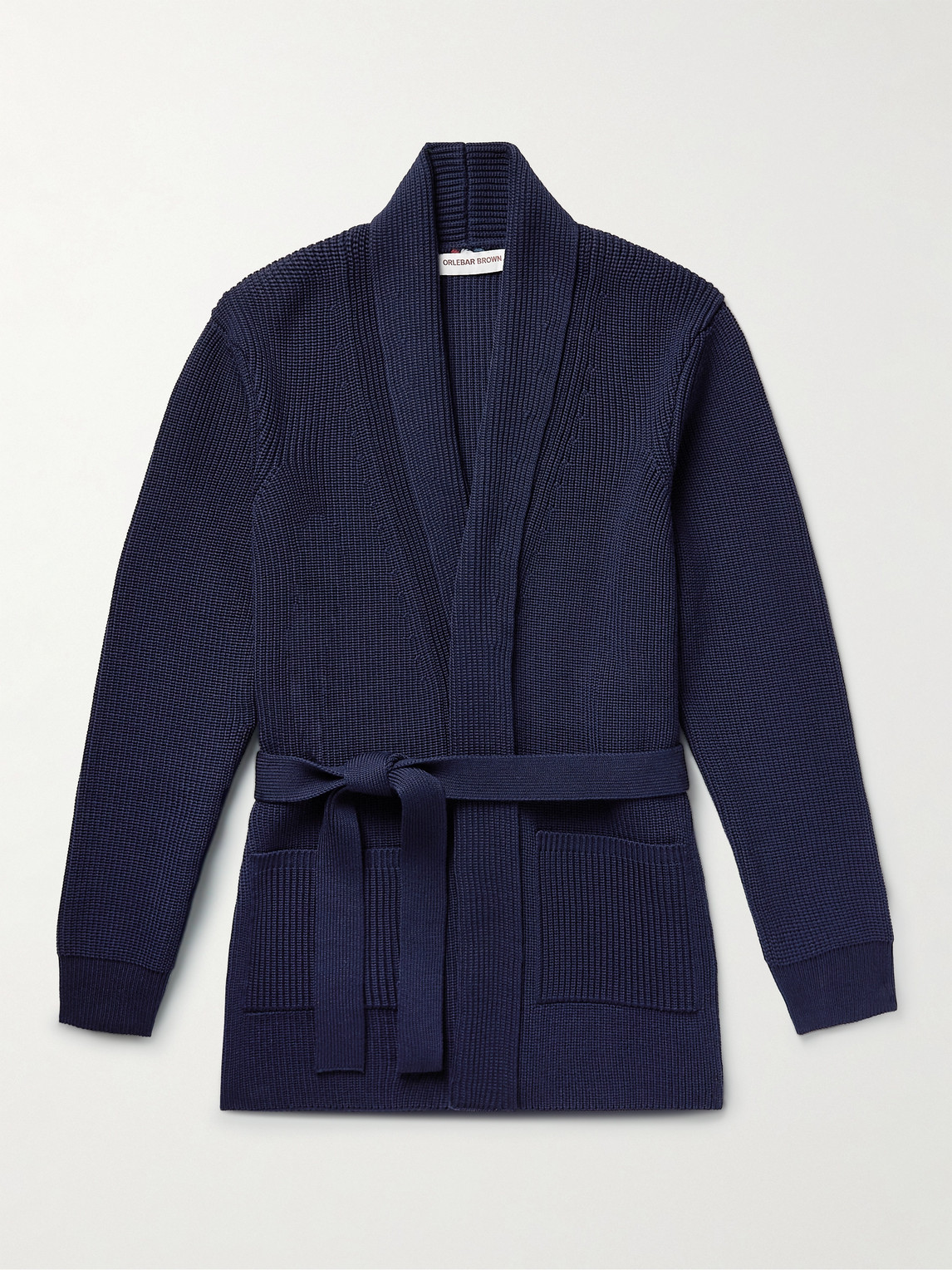 Orlebar Brown Zephyr Shawl-collar Belted Ribbed Wool Cardigan In Blue