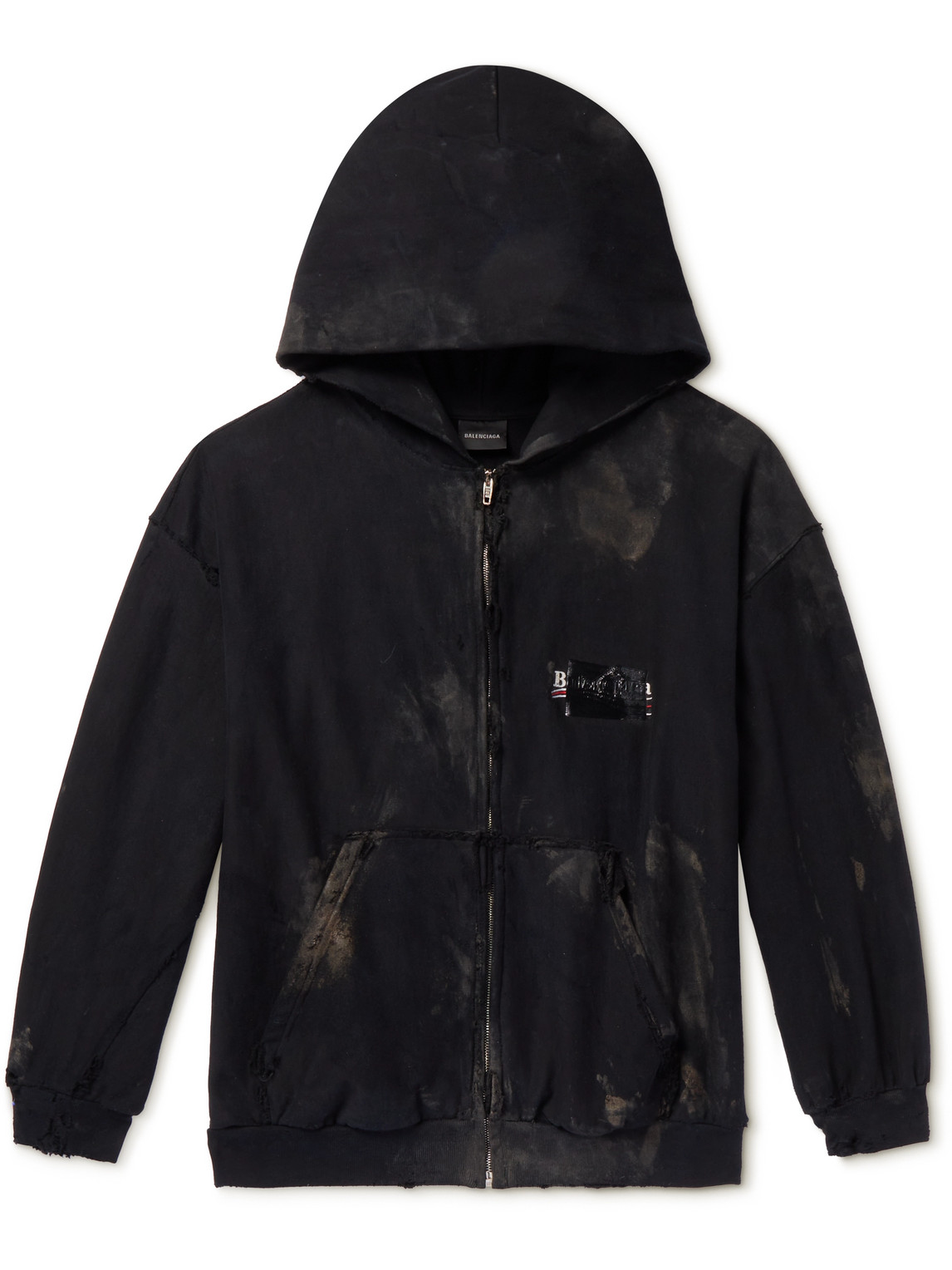 Balenciaga Gaffer Logo-embroidered Distressed Cotton-jersey Zip-up Hoodie In Black