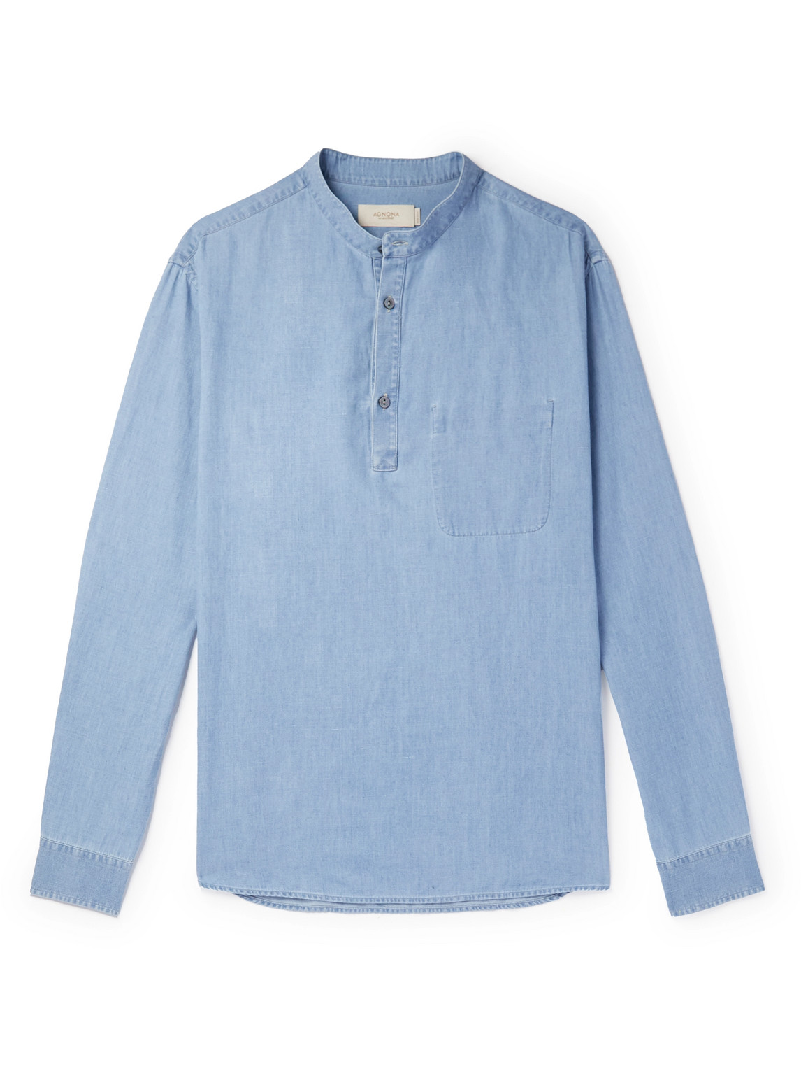 Agnona Grandad-collar Cotton, Linen And Cashmere-blend Chambray Shirt In Blue