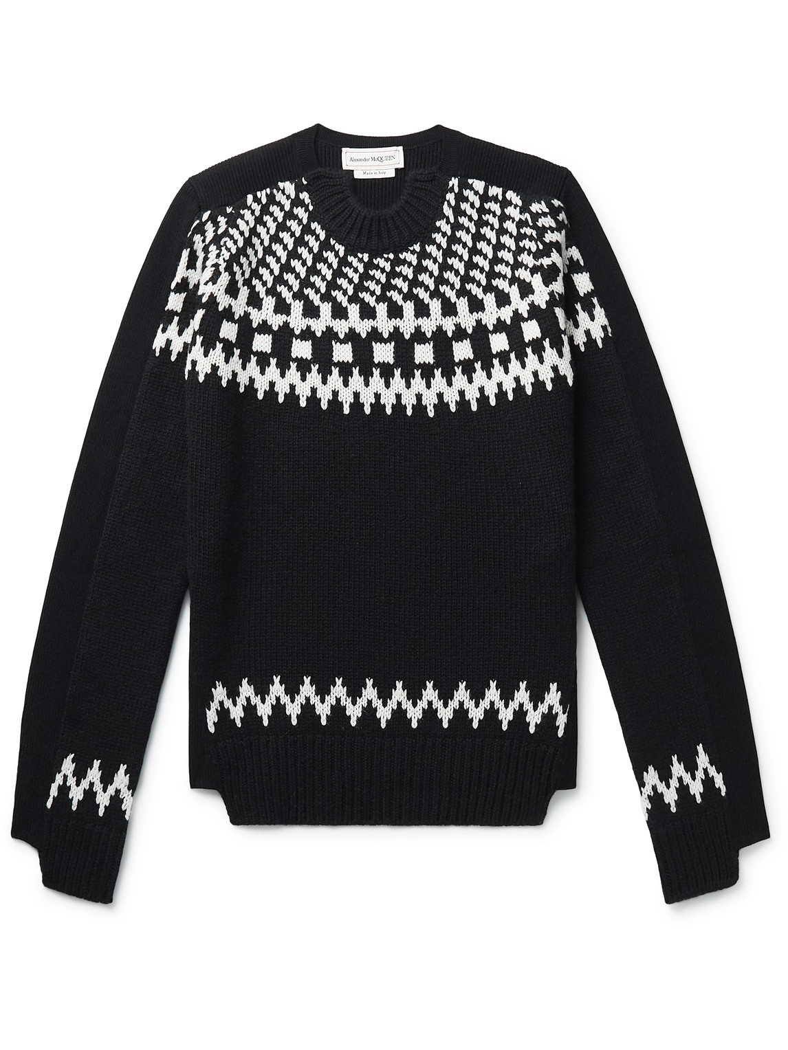 Alexander Mcqueen Asymmetric Panelled Fair Isle Cashmere And Ribbed-knit Sweater In Black