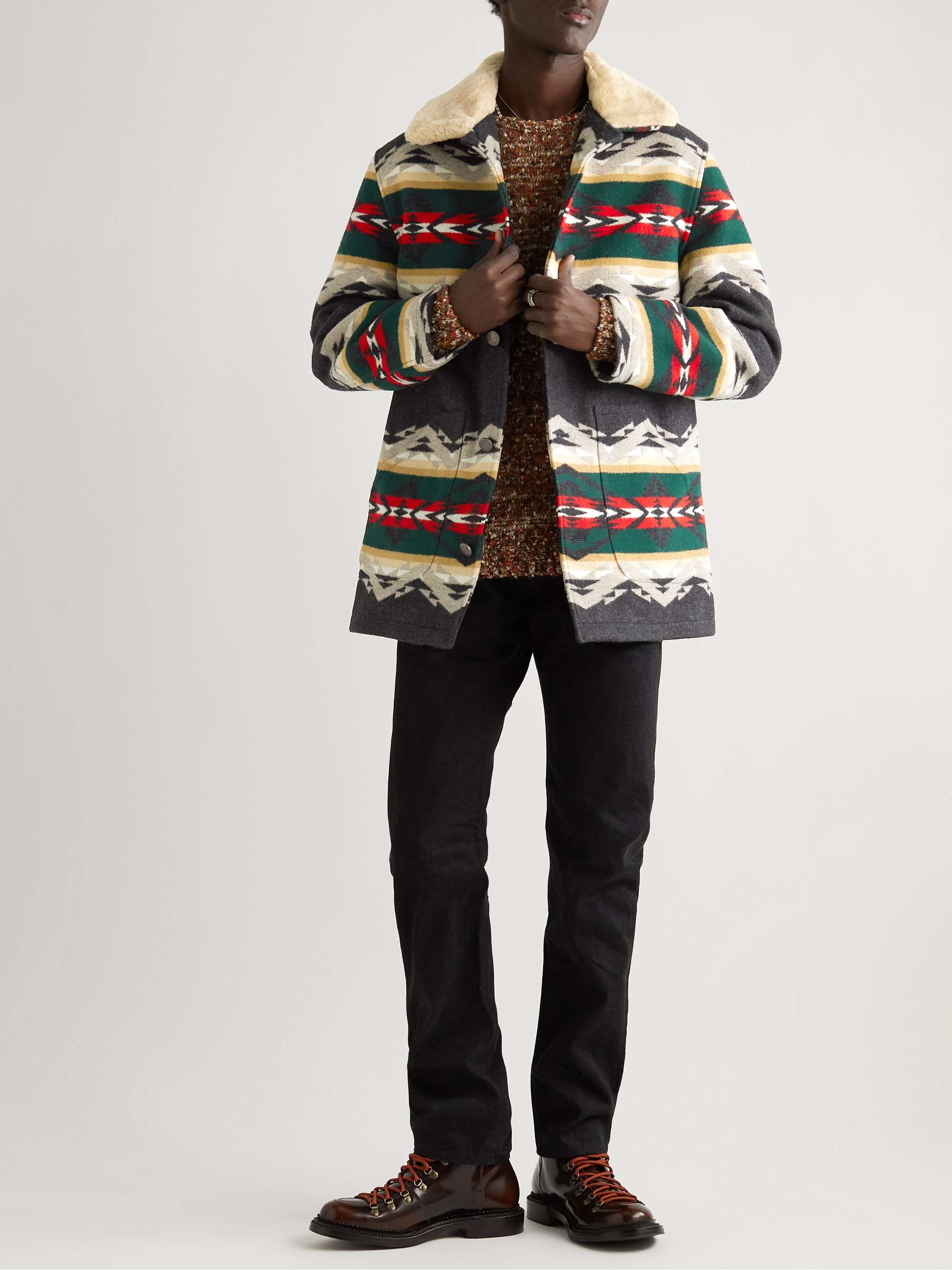PENDLETON Brownsville Shearling-Trimmed Wool and Cotton-Blend Jacquard Coat