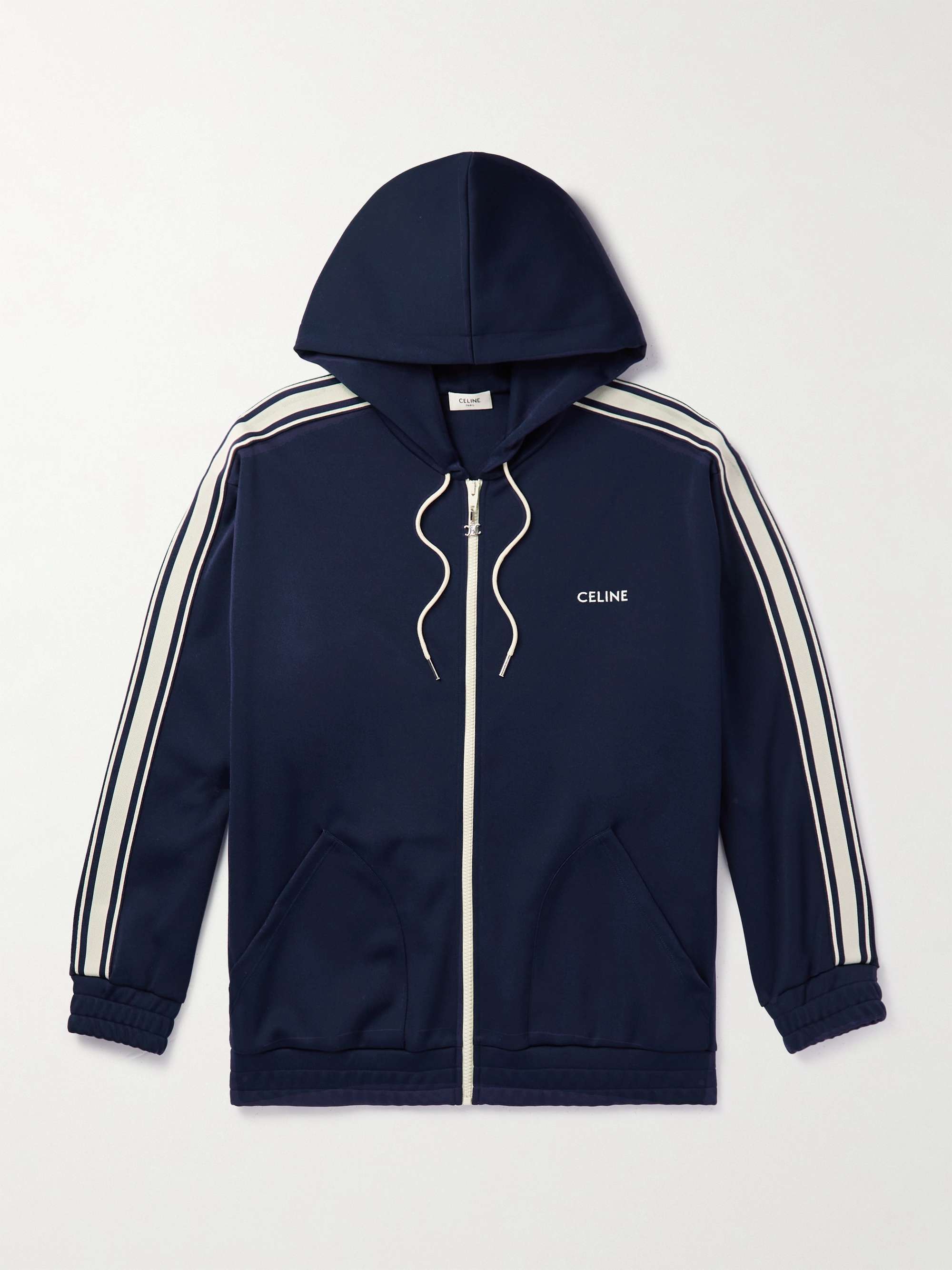 CELINE HOMME Logo-Embroidered Striped Jersey Zip-Up Hoodie