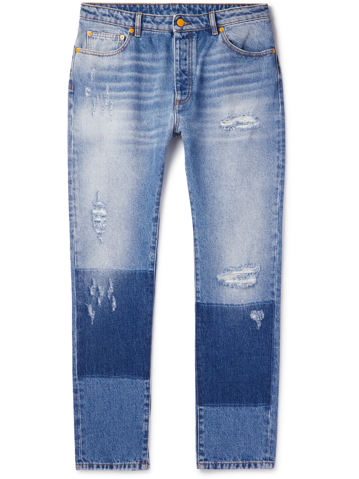 Moncler Genius 8 Palm Angels Skinny-fit Panelled Distressed Jeans In Blue