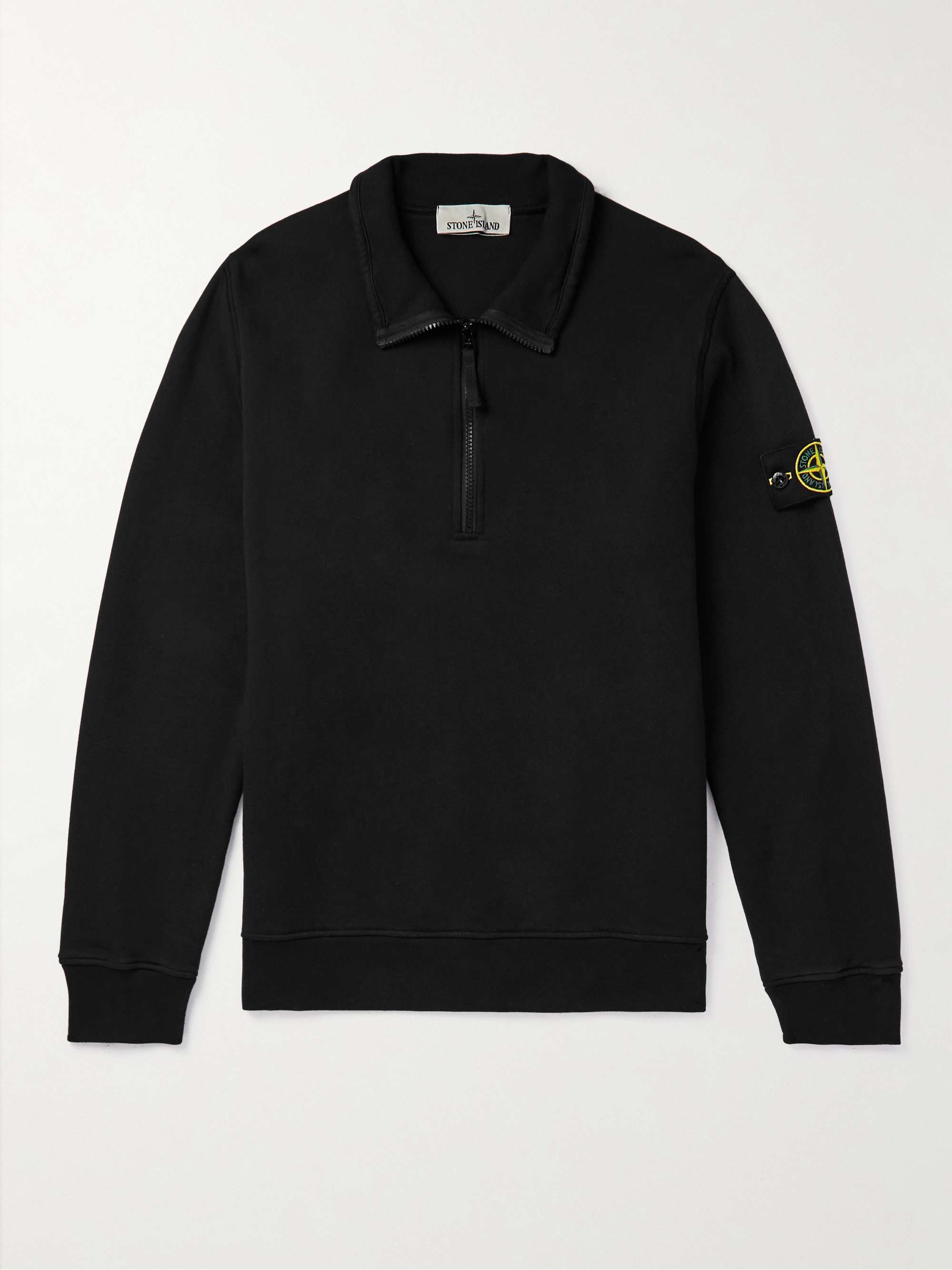 STONE ISLAND Logo-Appliqued Garment-Dyed Cotton-Jersey Half-Zip Sweatshirt,Black