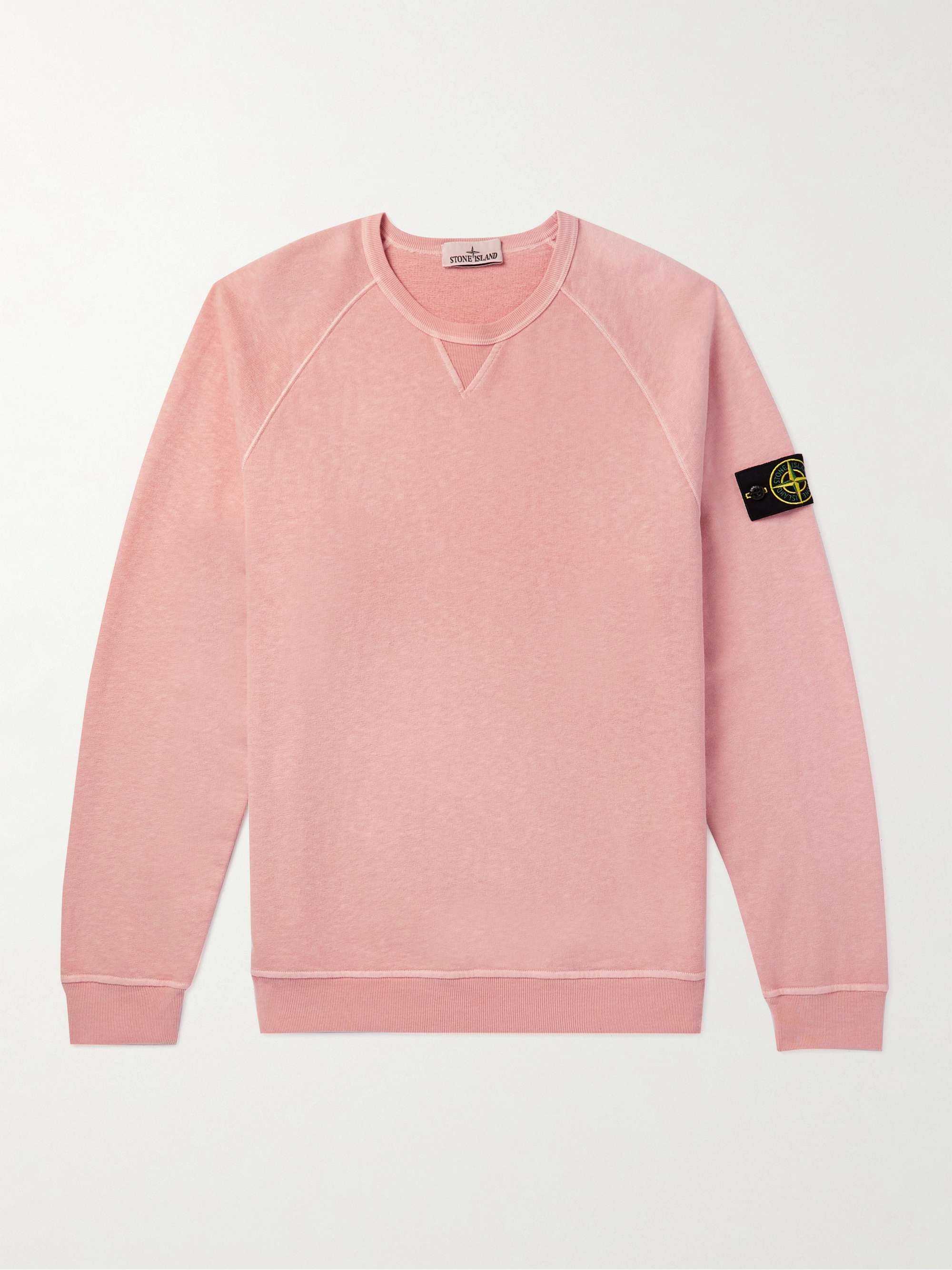 STONE ISLAND Logo-Appliqued Garment-Dyed Cotton-Jersey Sweatshirt,Pink