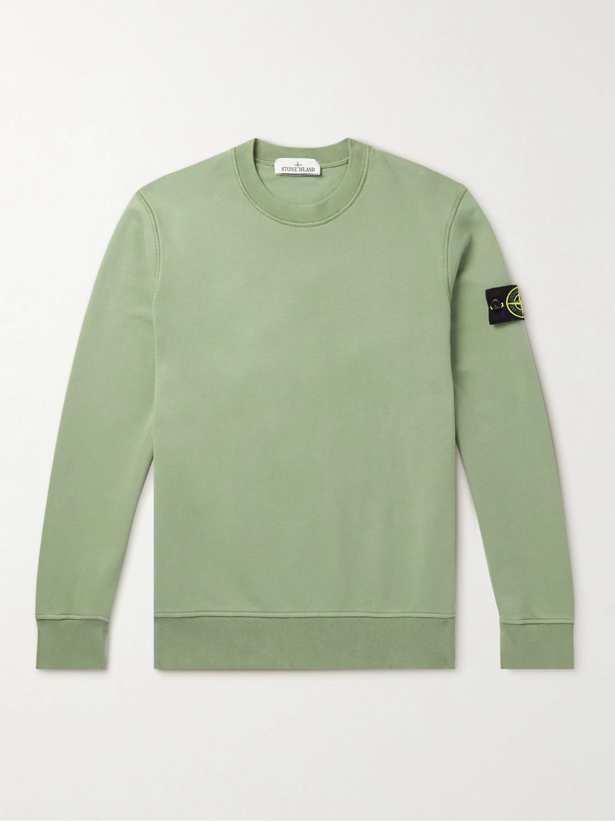 STONE ISLAND Logo-Appliqued Garment-Dyed Cotton-Jersey Sweatshirt,Green
