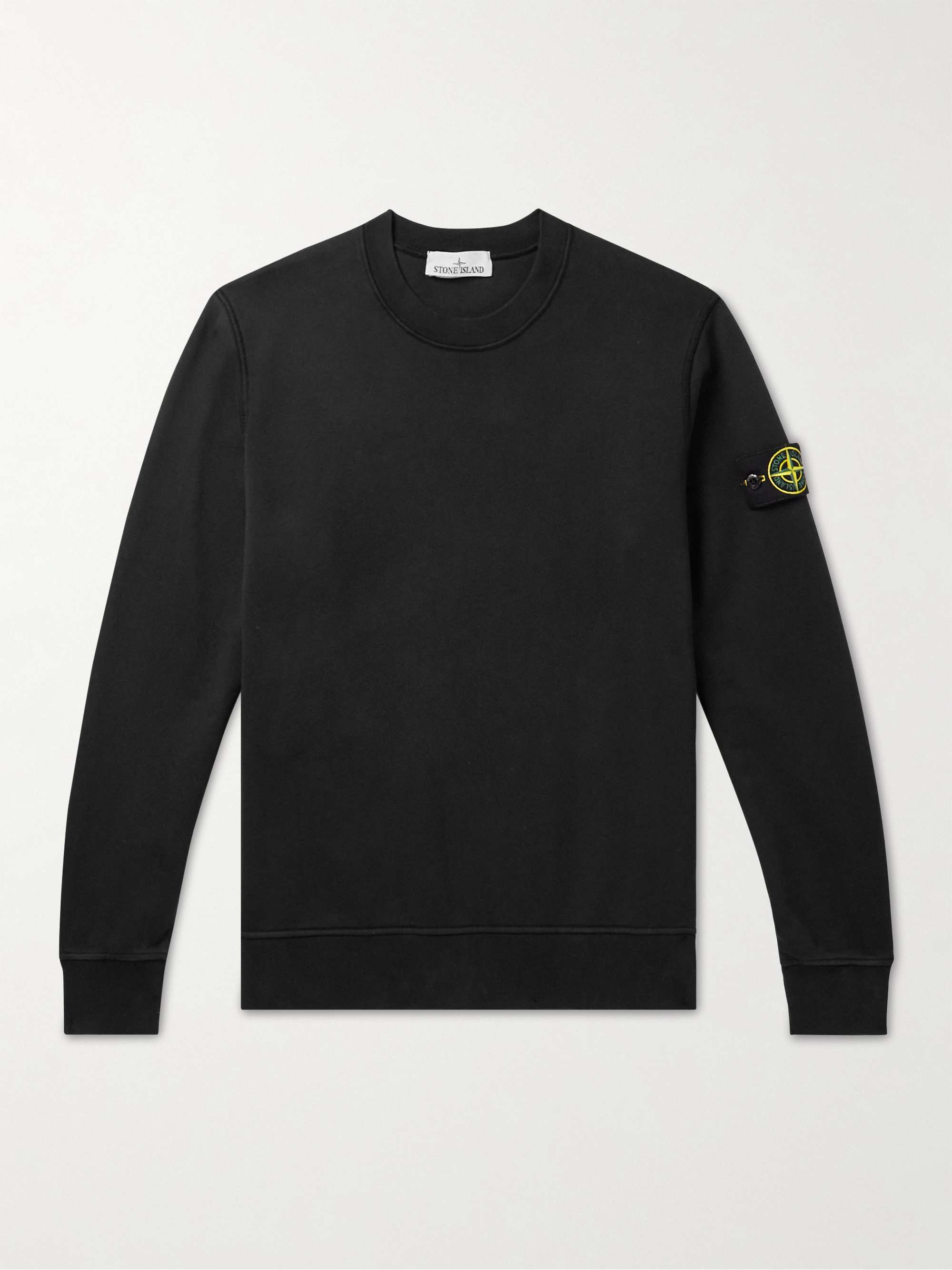 STONE ISLAND Logo-Appliqued Garment-Dyed Cotton-Jersey Sweatshirt,Black
