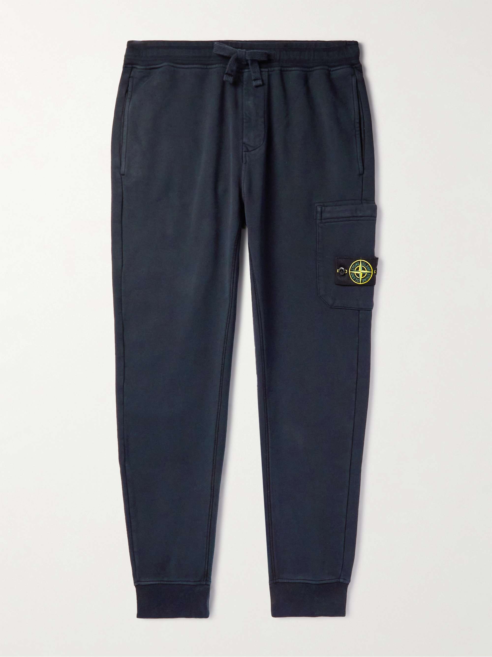STONE ISLAND Tapered Logo-Appliqued Garment-Dyed Cotton-Jersey Sweatpants,Navy
