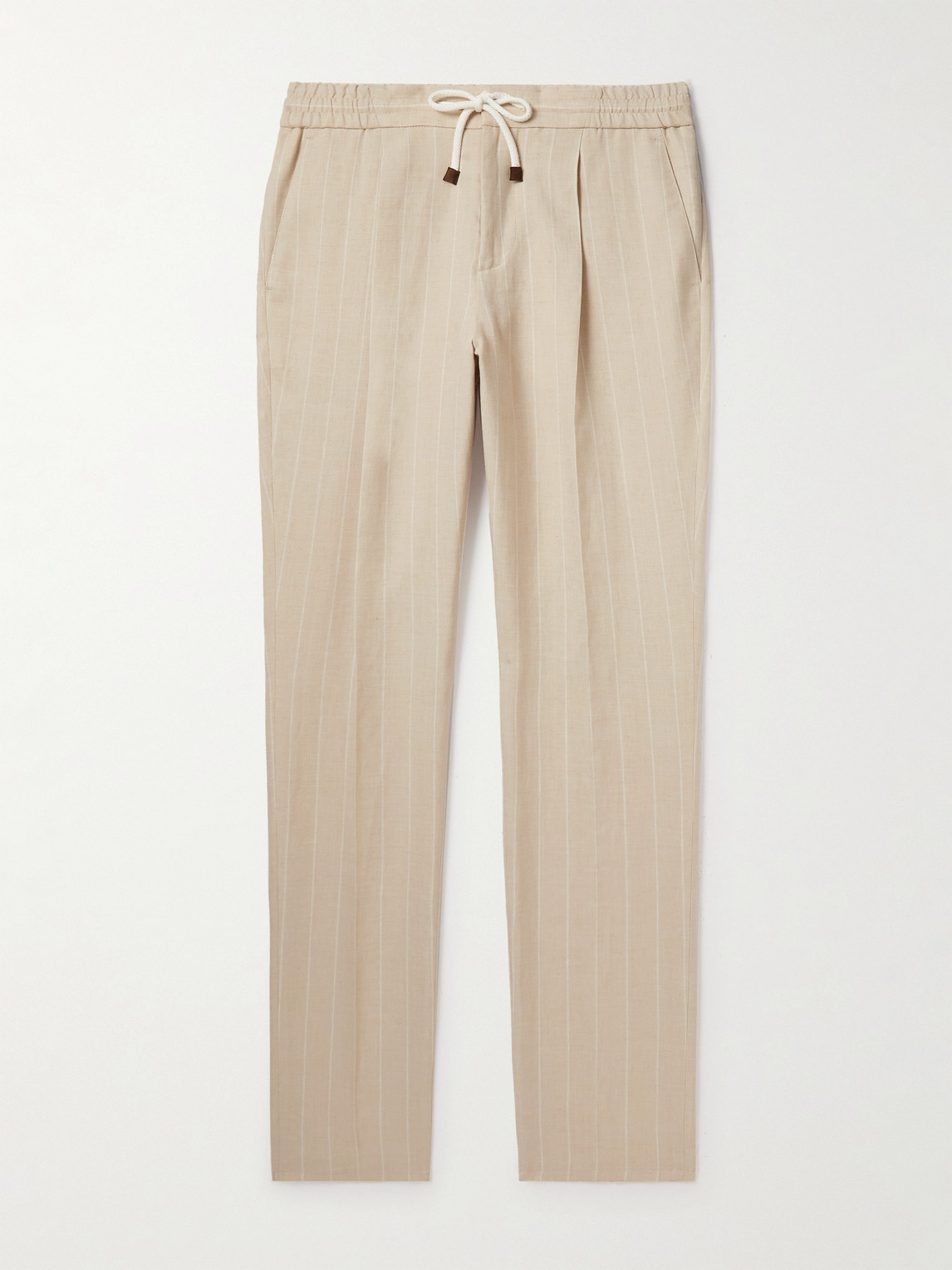 Brunello Cucinelli Straight-leg Pleated Striped Linen And Wool-blend Drawstring Trousers In Neutrals