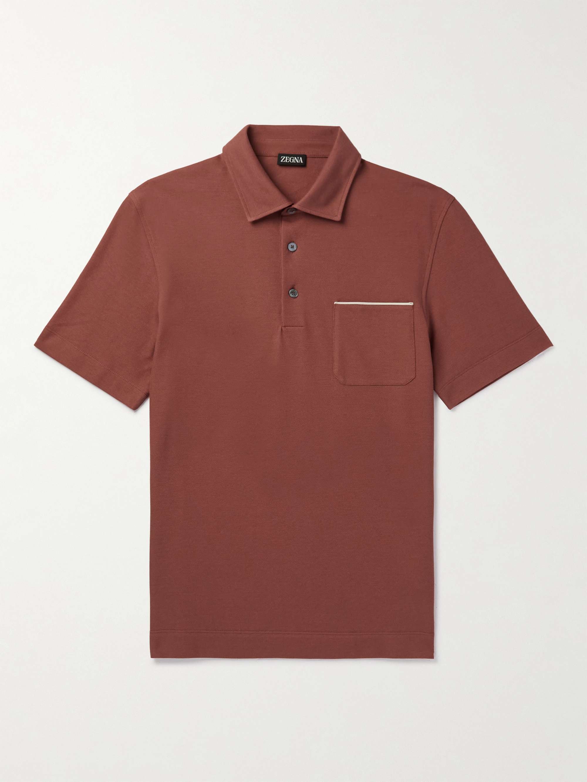 ZEGNA Leather-Trimmed Cotton-Piqué Polo Shirt