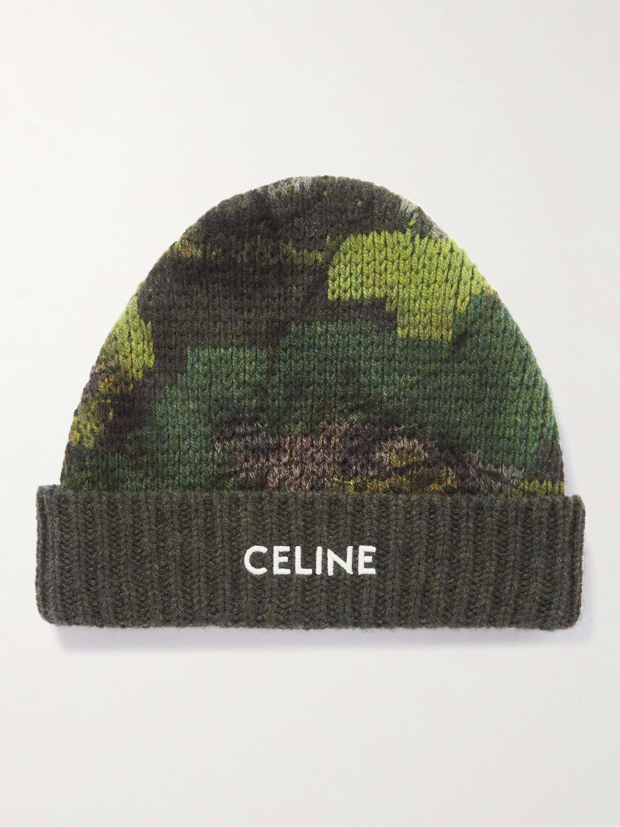 CELINE HOMME Logo-Embroidered Camouflage-Jacquard Wool Beanie