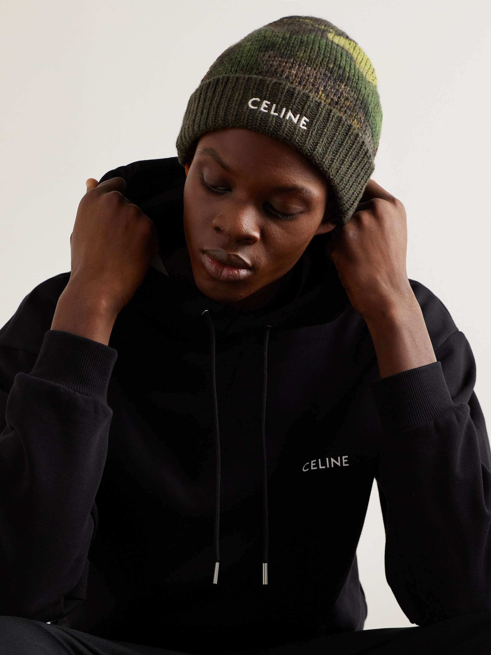 CELINE HOMME Logo-Embroidered Camouflage-Jacquard Wool Beanie