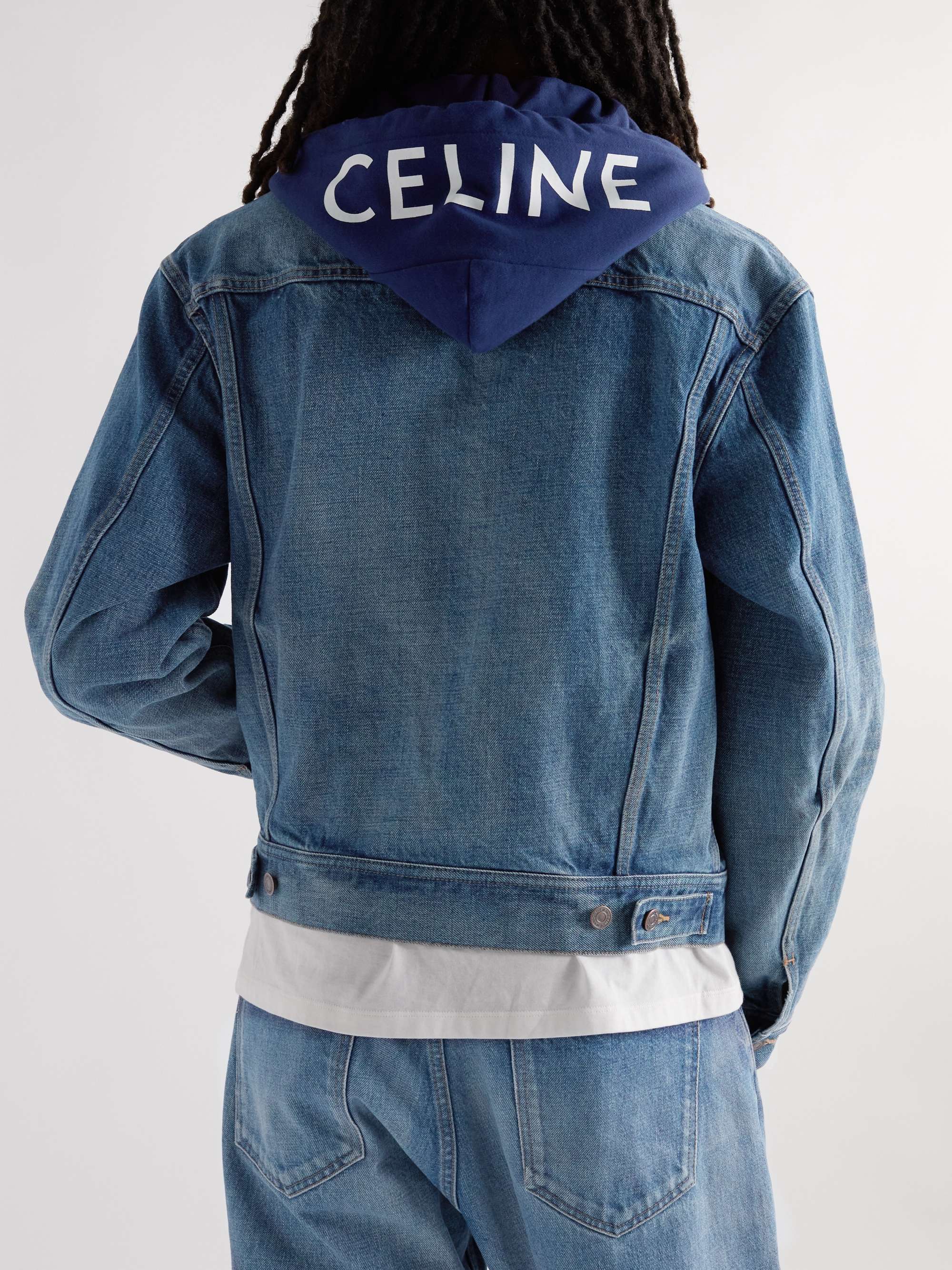 CELINE HOMME Denim and Logo-Print Cotton-Jersey Hooded Trucker Jacket