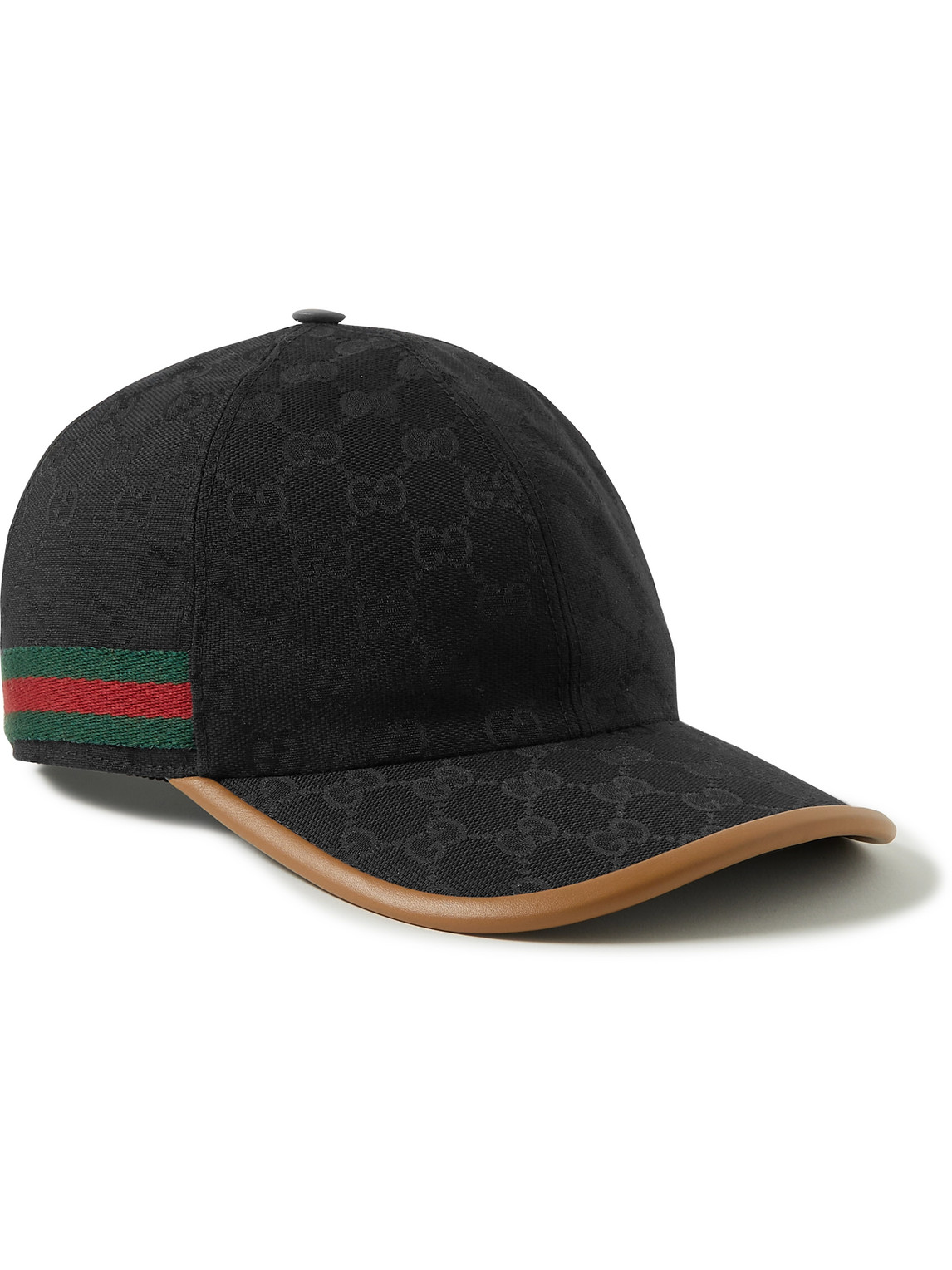 GUCCI LEATHER AND WEBBBING-TRIMMED MONOGRAMMED CANVAS BASEBALL CAP