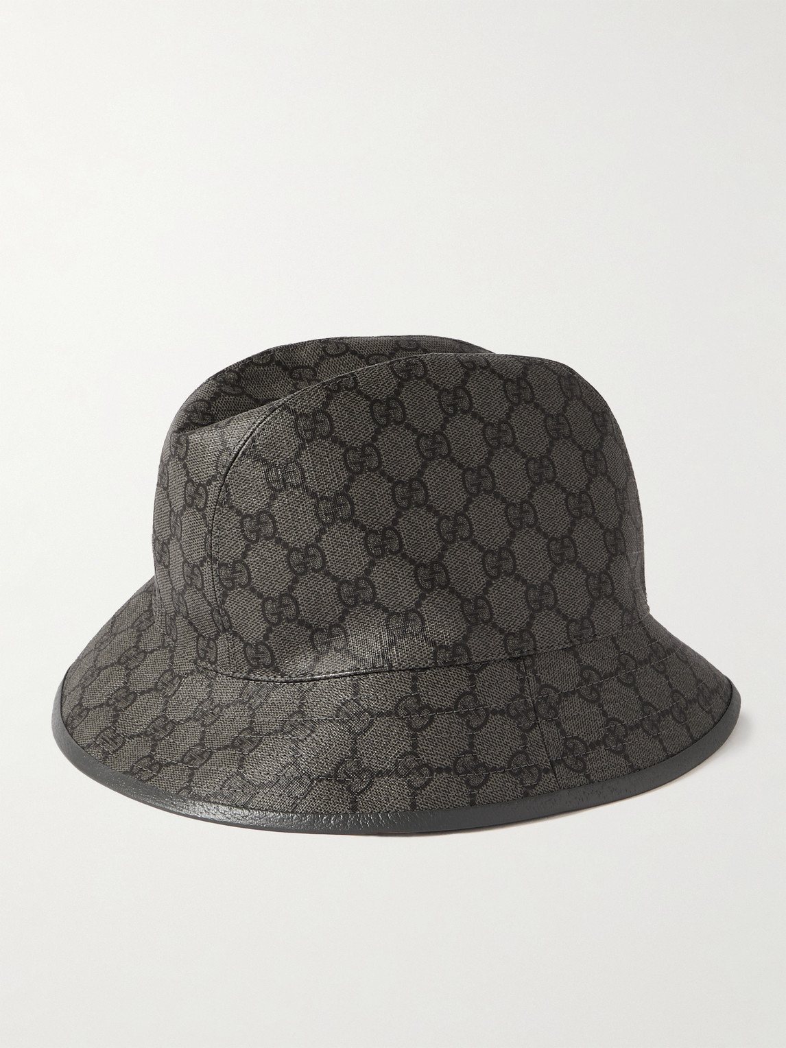 GUCCI LEATHER-TRIMMED MONOGRAMMED COATED COTTON-BLEND CANVAS FEDORA 