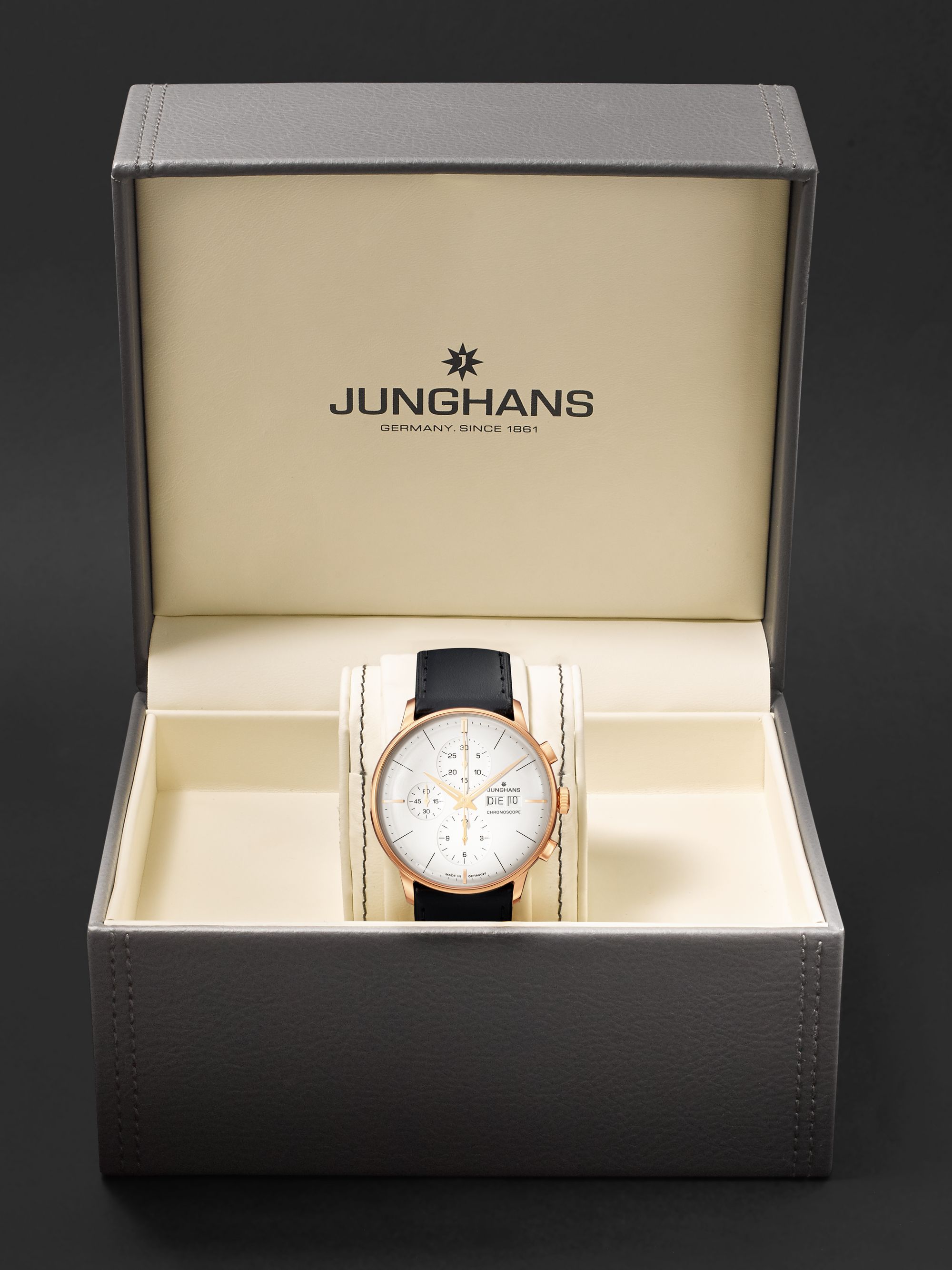 JUNGHANS Meister Chronoscope Automatic 40.7 mm PVD-Coated Stainless Steel and Leather Watch, 027/7023.03