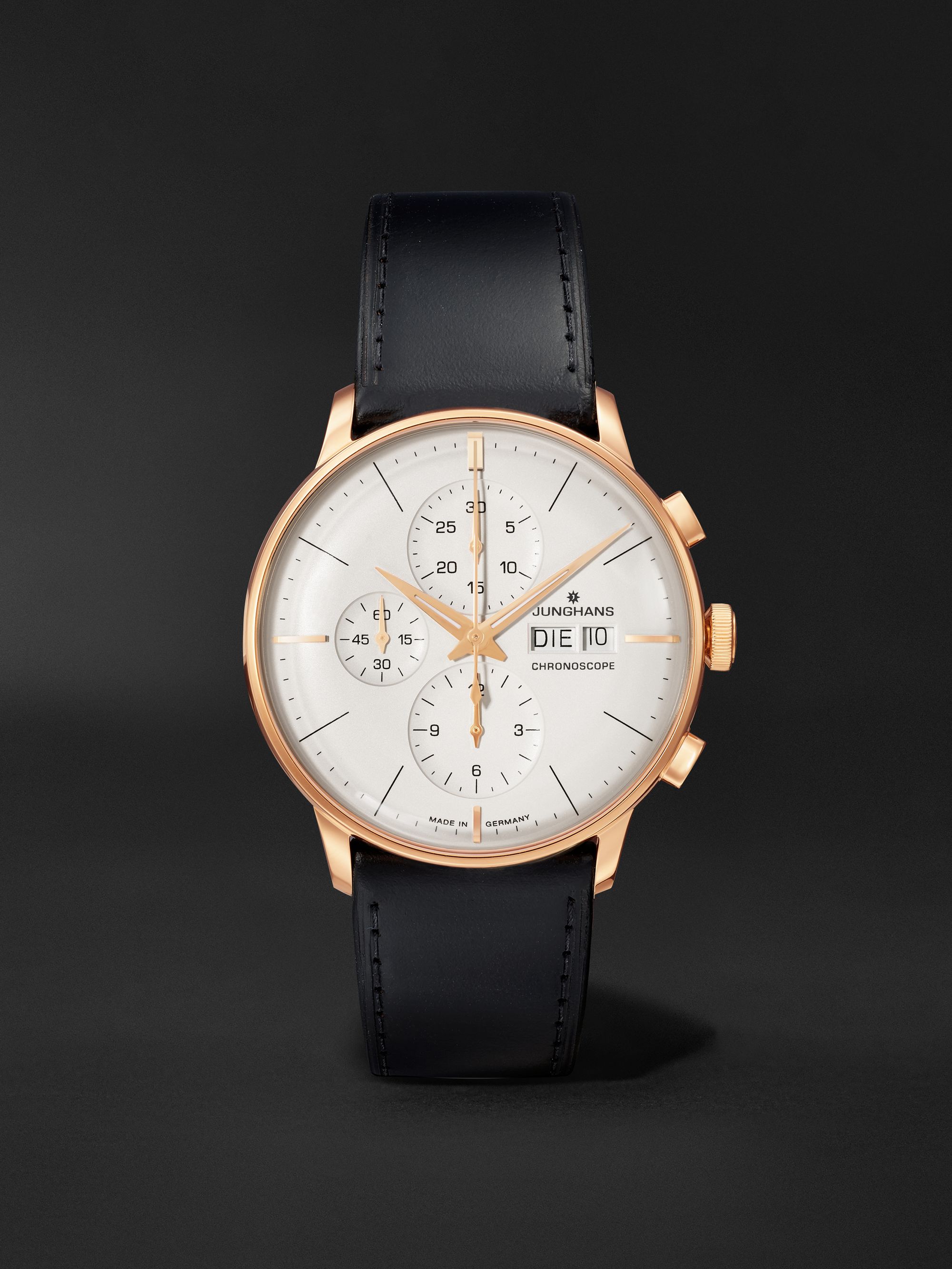 JUNGHANS Meister Chronoscope Automatic 40.7 mm PVD-Coated Stainless Steel and Leather Watch, 027/7023.03