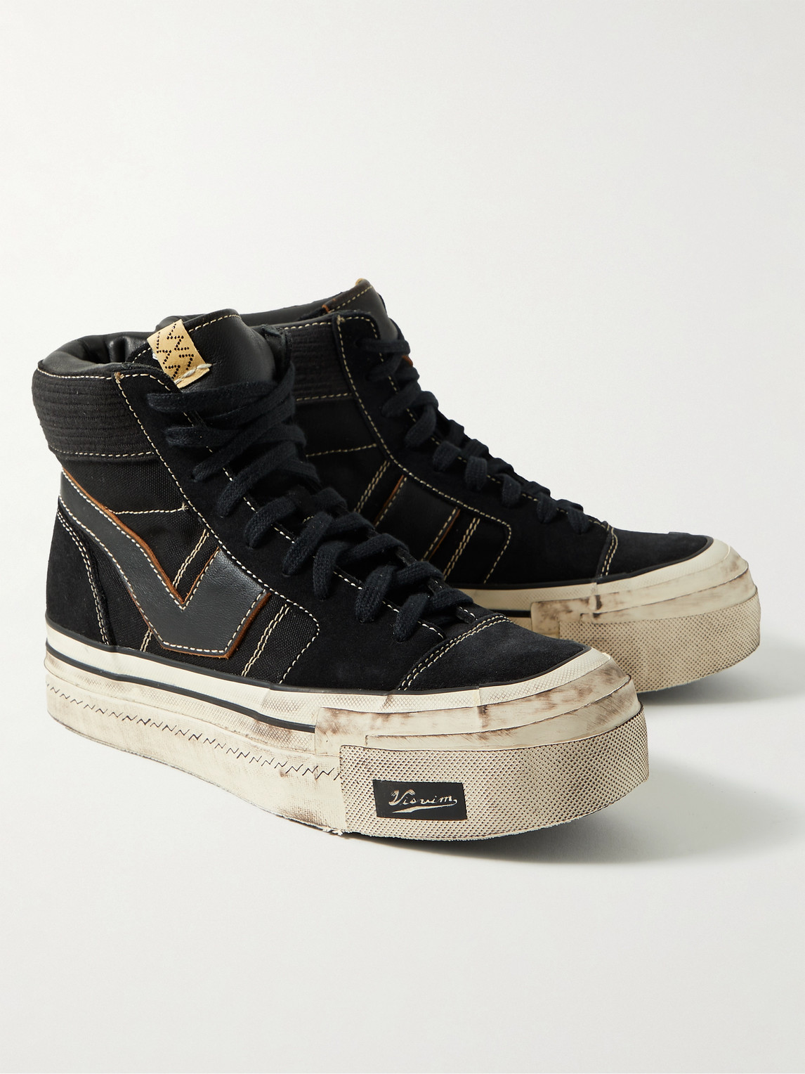 VISVIM ZEPHYR HI DISTRESSED LEATHER-TRIMMED COTTON-CANVAS HIGH-TOP SNEAKERS 