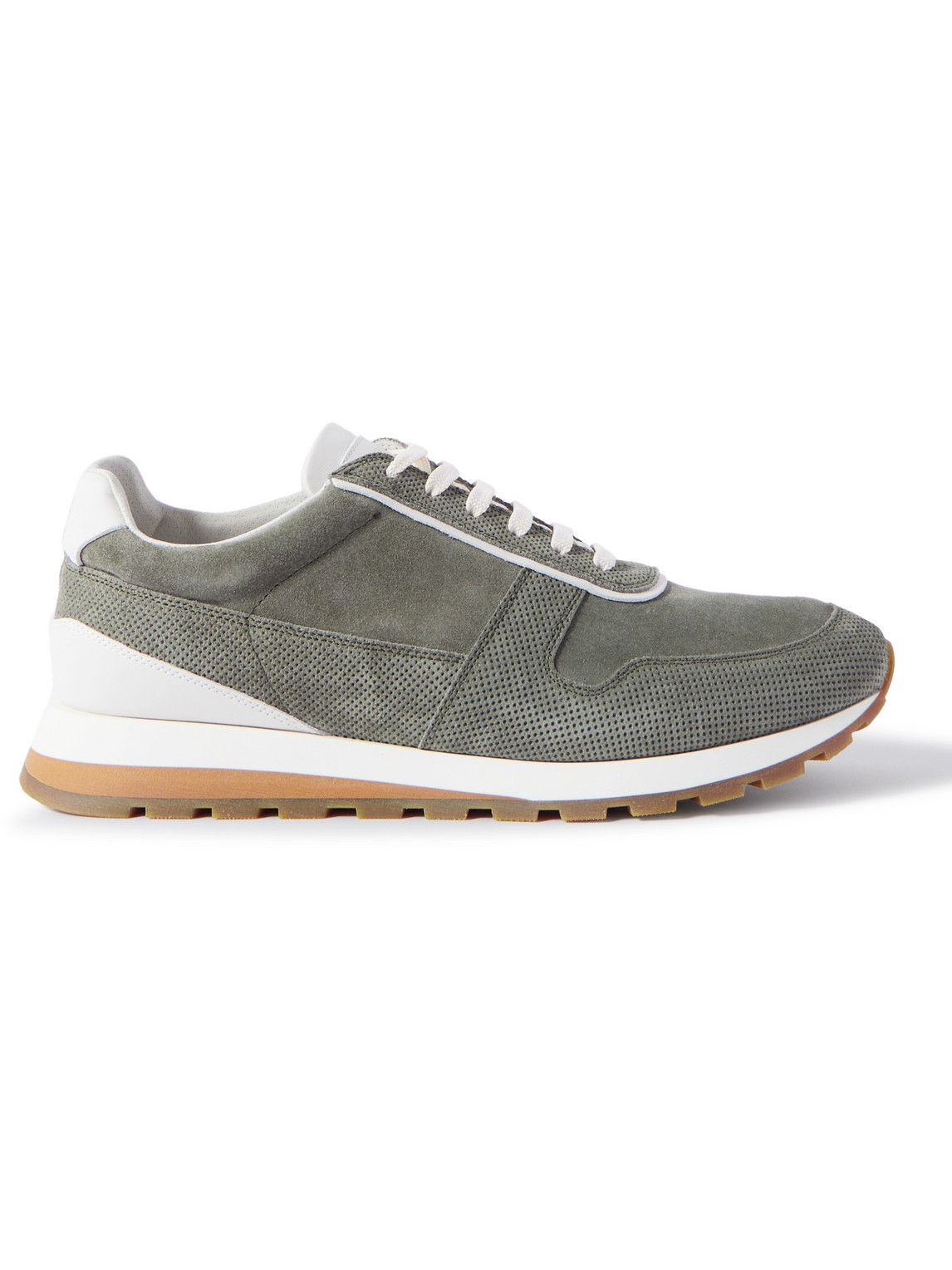 Suede And Perforated Leather Sneakers In Green