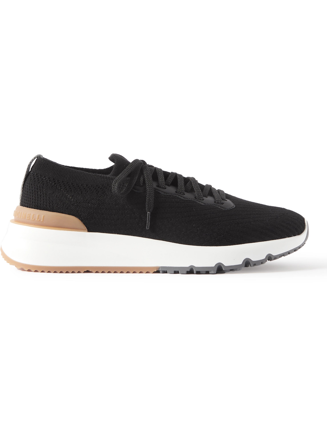 Brunello Cucinelli Leather-trimmed Stretch-knit Sneakers In Black
