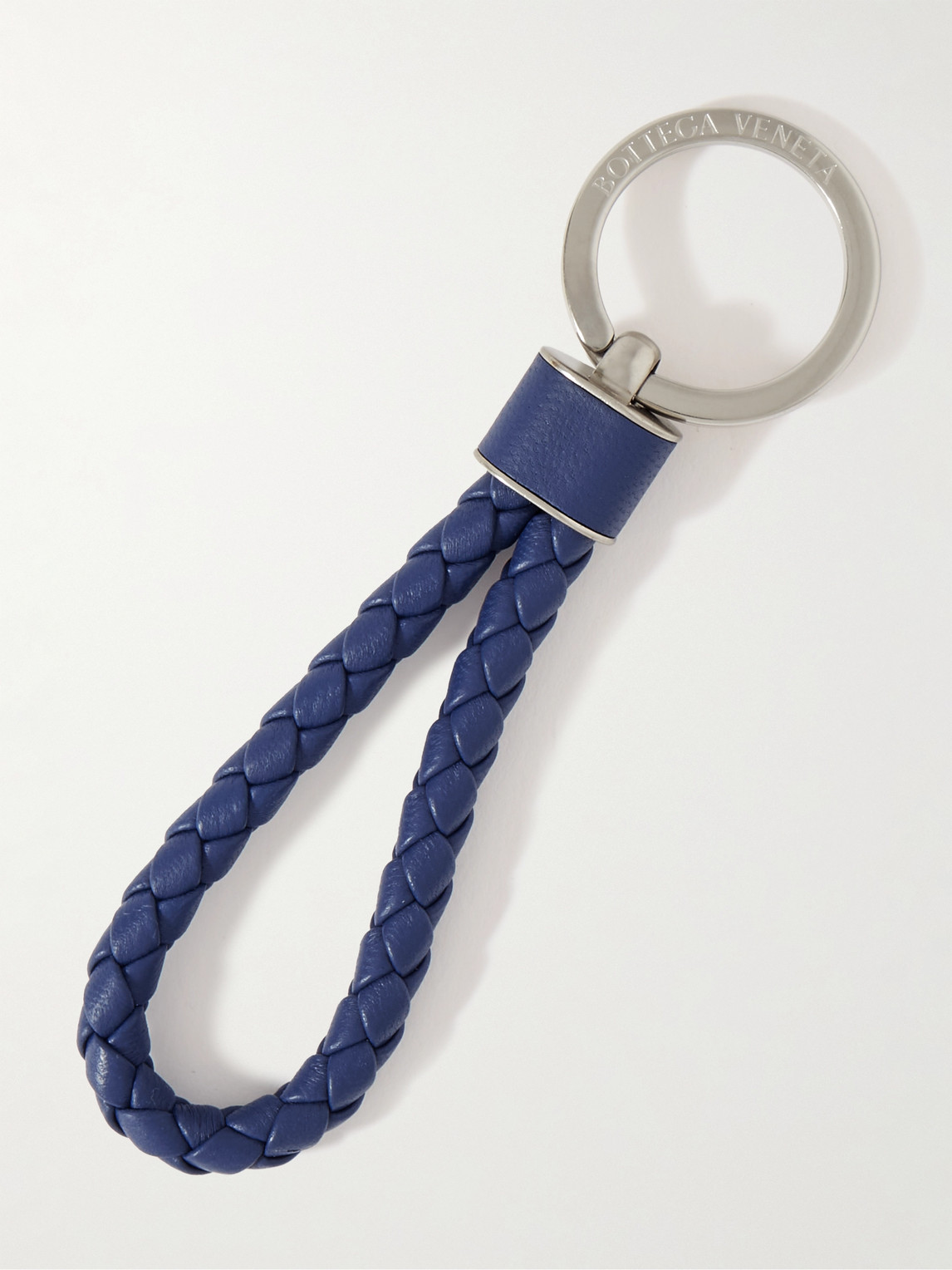Bottega Veneta Silver-tone And Braided Leather Key Fob In Blue