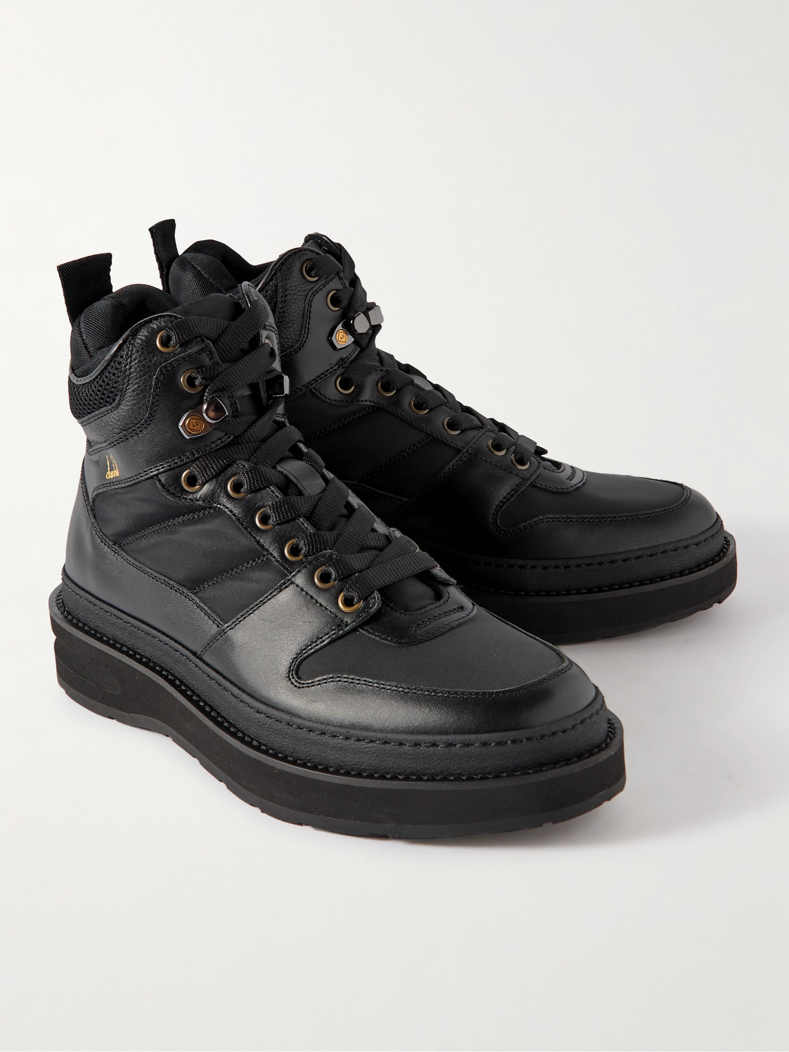 DUNHILL UTILITY MESH-TRIMMED BRUSHED-LEATHER AND NYLON BOOTS 
