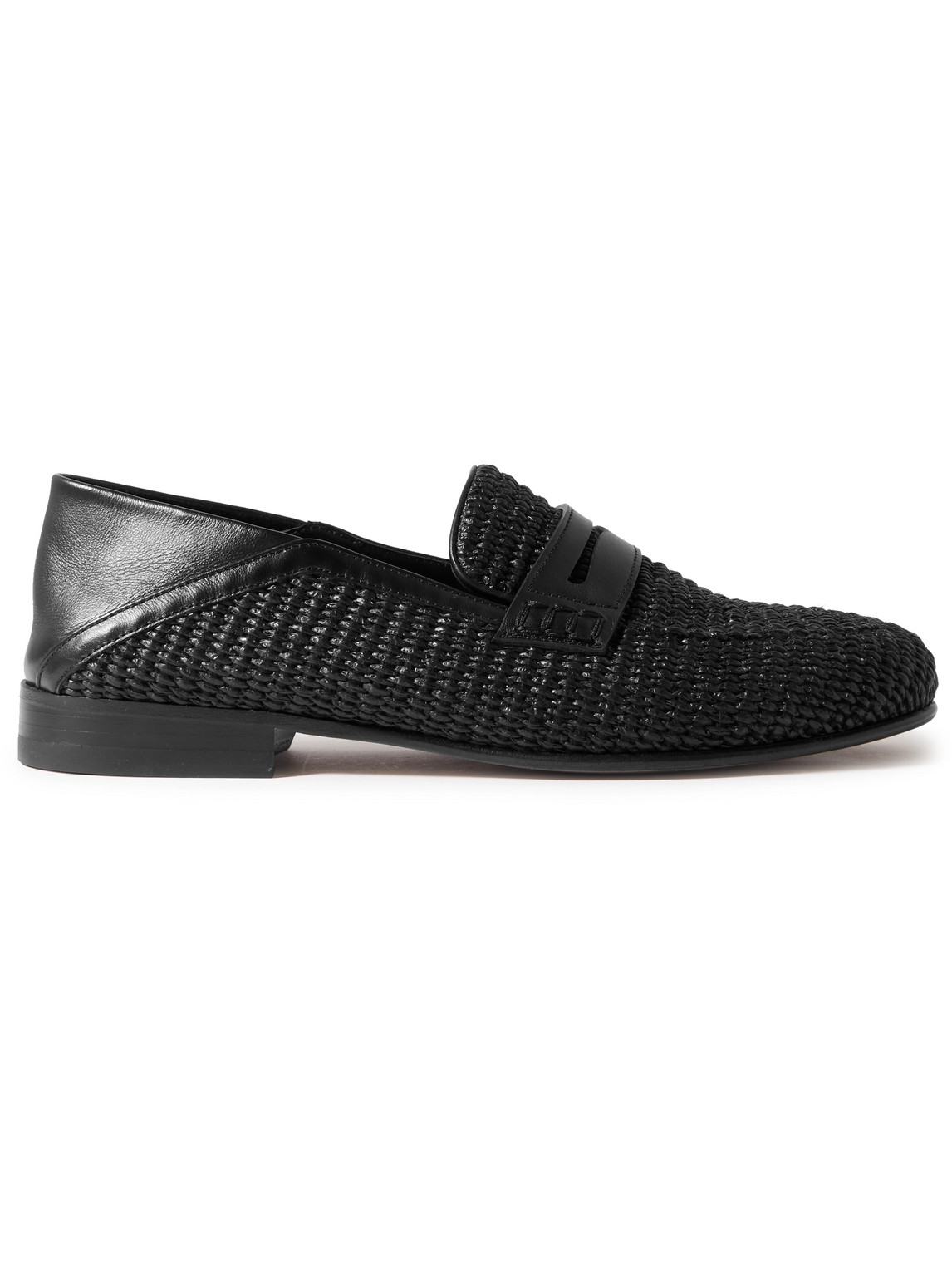 Manolo Blahnik Padstow Collapsible-heel Leather-trimmed Raffia Loafers In Black