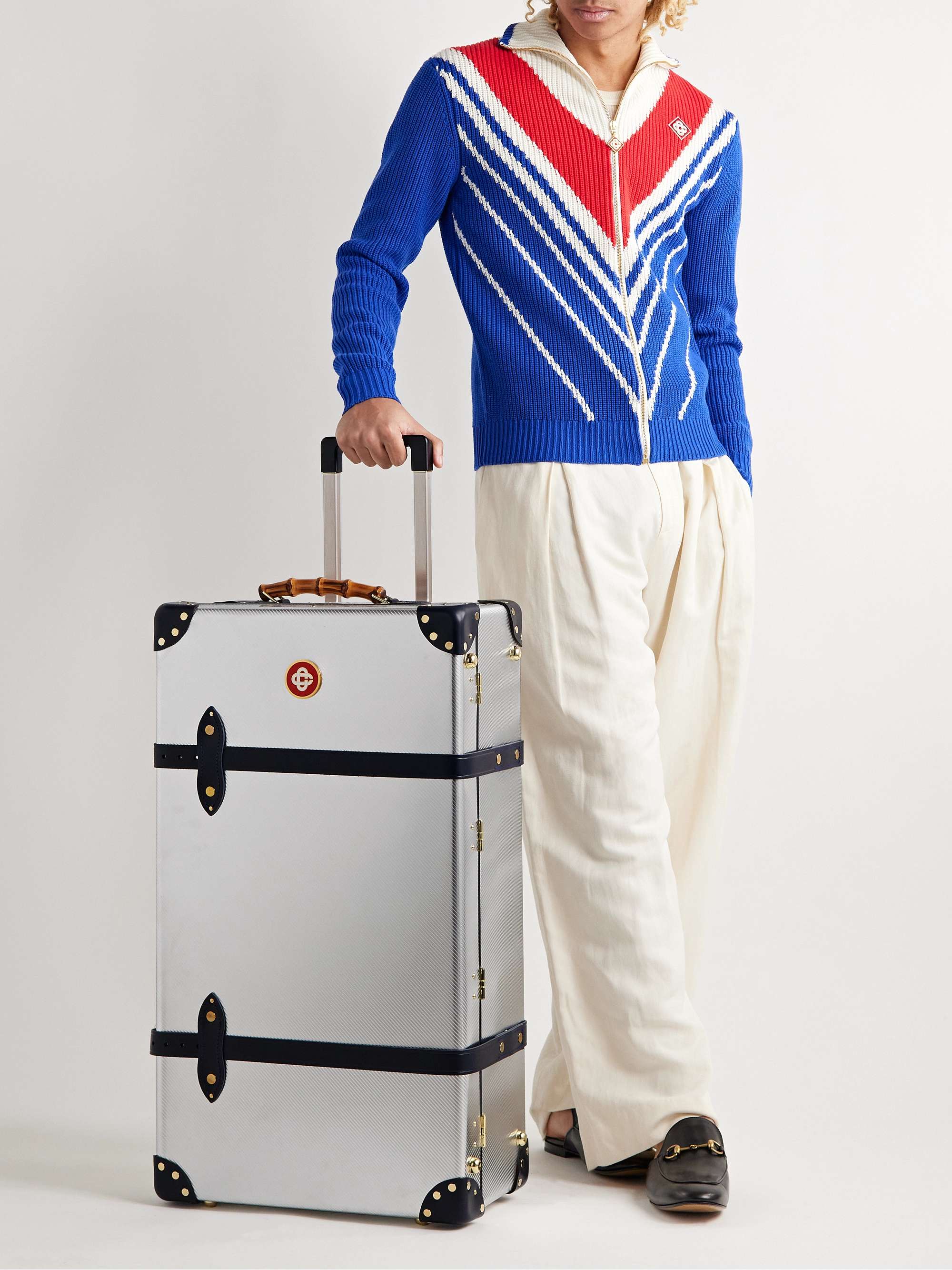 CASABLANCA + Globe-Trotter Large Check-In Leather- and Bamboo-Trimmed Aluminium Suitcase