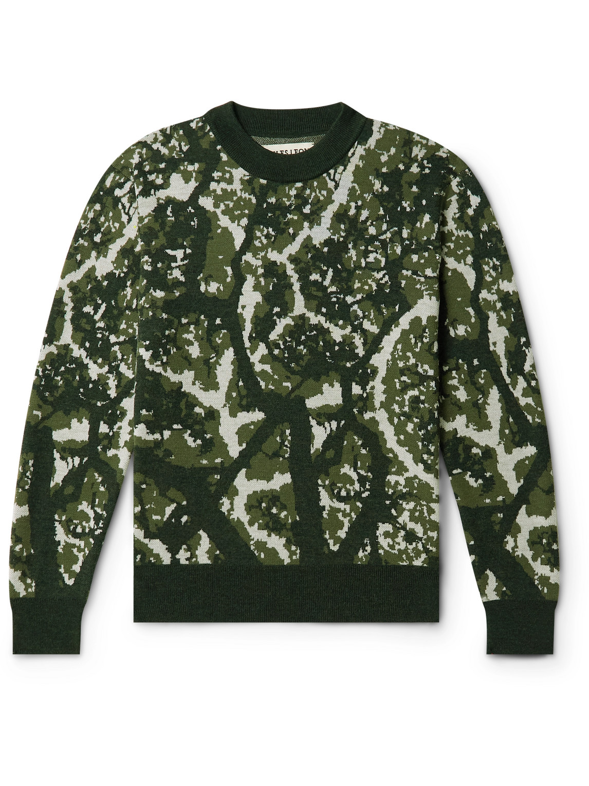 Miles Leon Camouflage-jacquard Merino Wool Sweater In Green