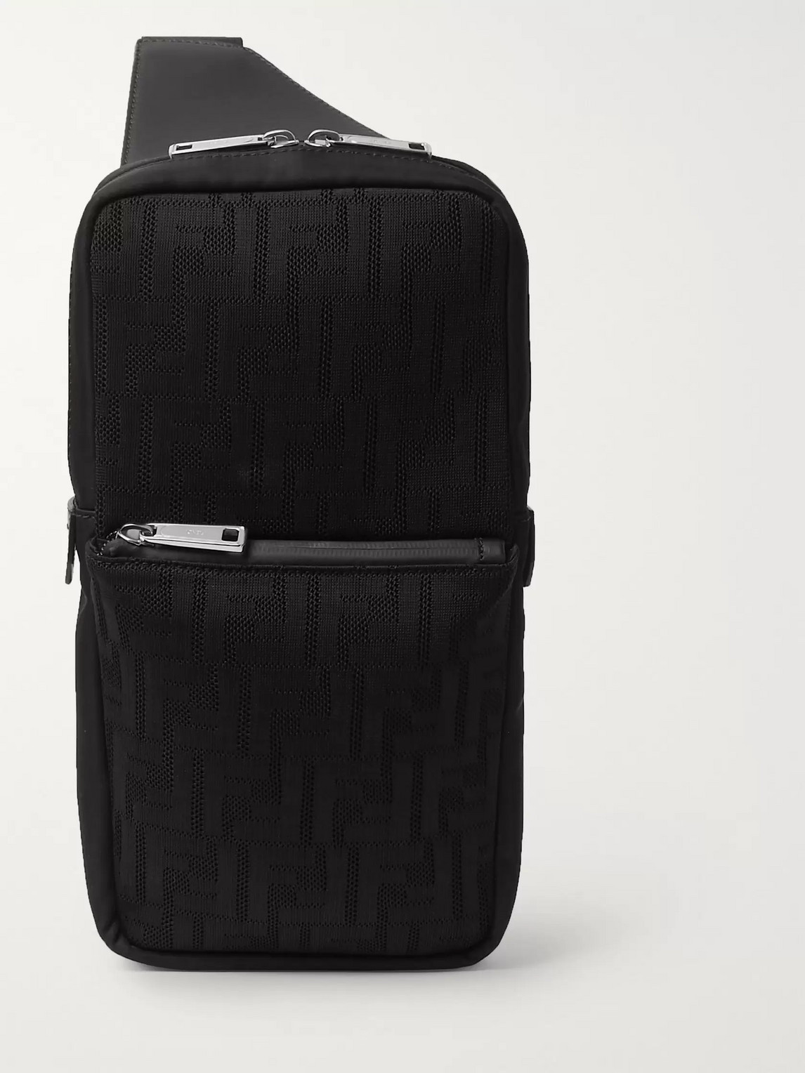 Fendi Leather-trimmed Logo-jacquard Mesh Sling Bag In Black