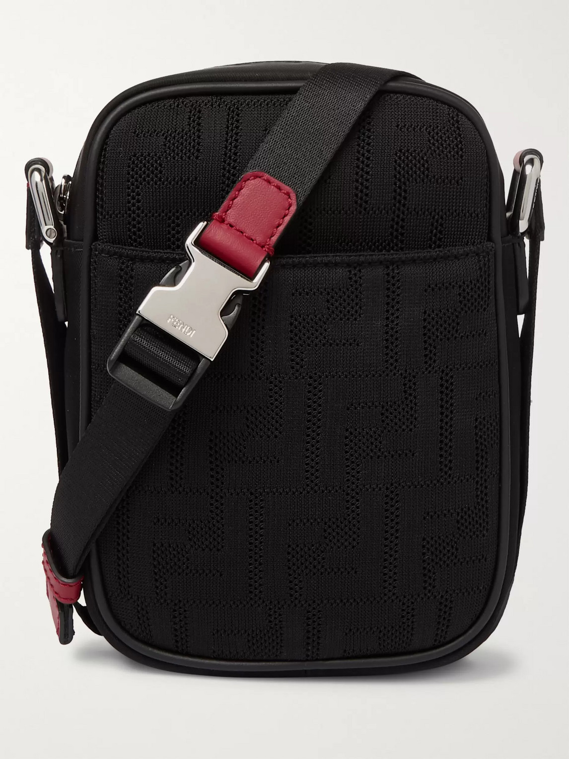 Fendi Mini Leather-trimmed Logo-jacquard Mesh Messenger Bag In Black