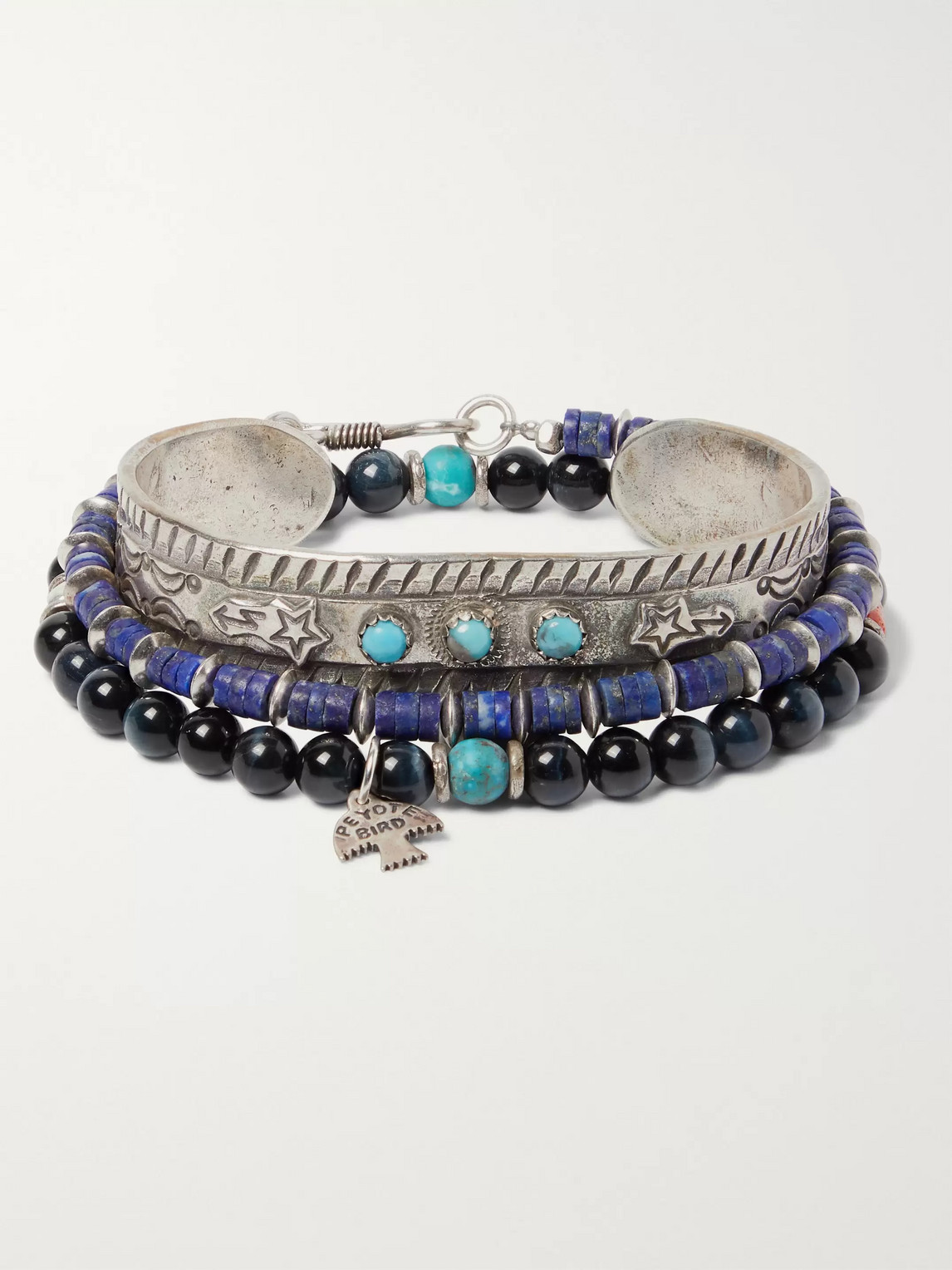 Peyote Bird Set Of Three Sterling Silver, Turquoise, Tiger's Eye And Lapis Heishi Bracelets In Blue