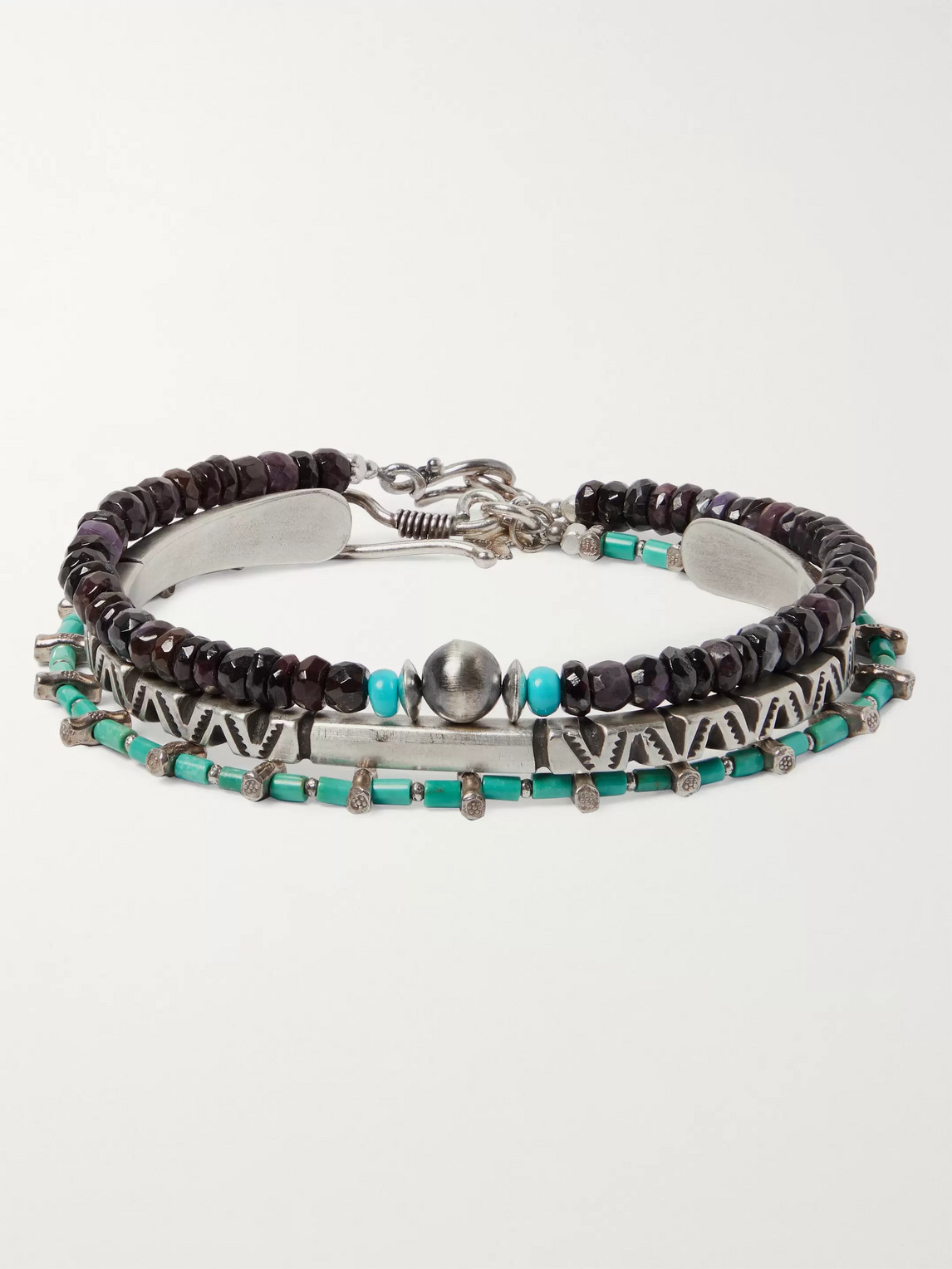 Peyote Bird Set Of Three Sterling Silver, Turquoise And Sugilite Bracelets In Blue