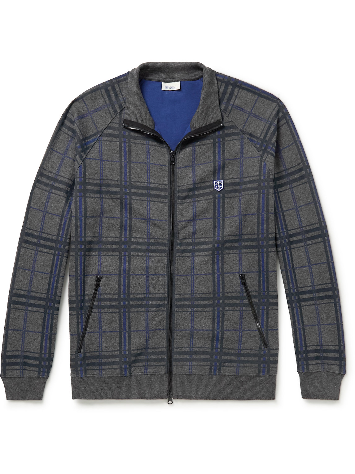 Schiesser Helge Logo-appliquéd Checked Cotton-blend Jersey Zip-up Sweatshirt In Gray