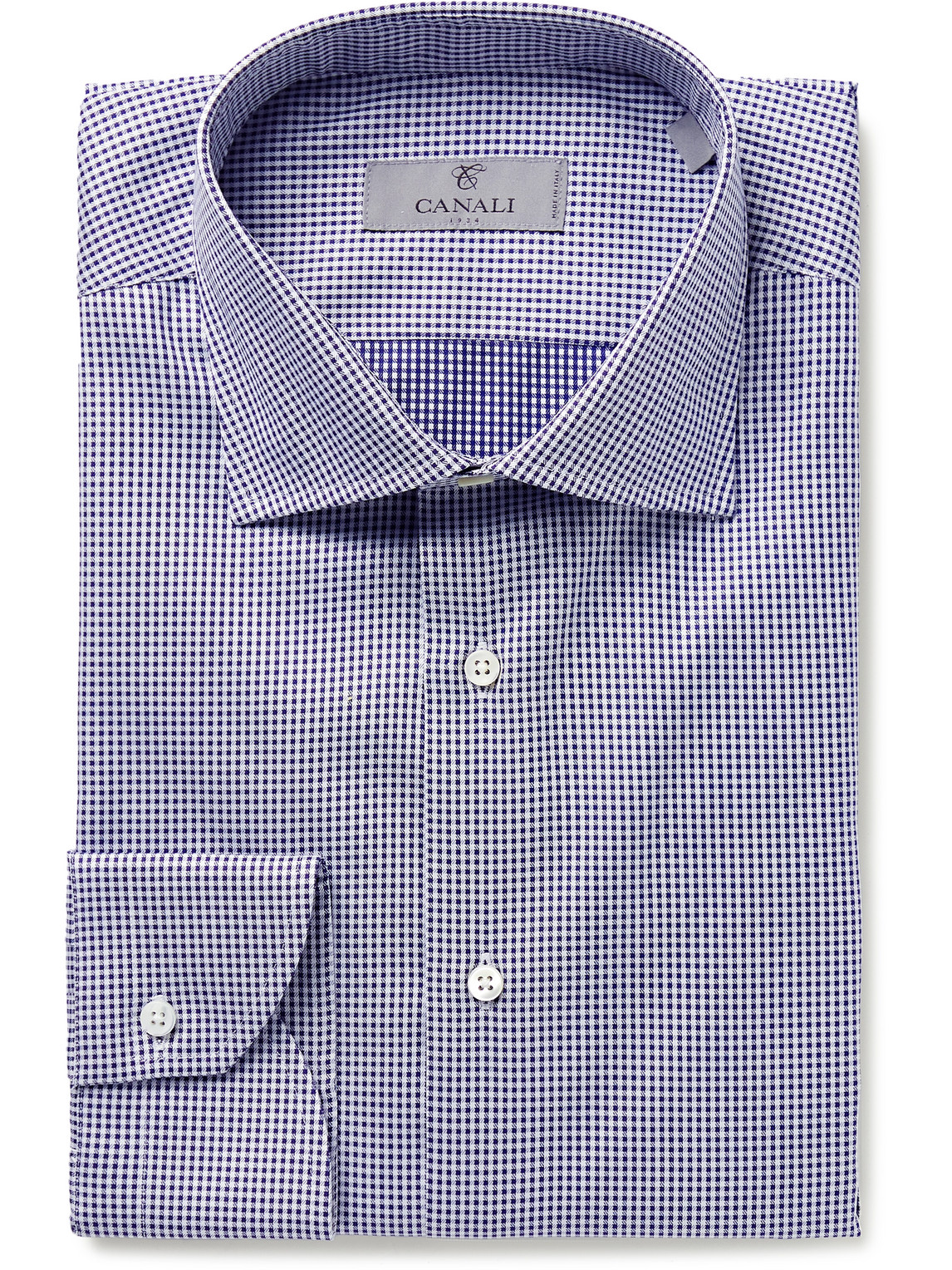 Canali Cutaway-collar Micro-gingham Cotton Shirt In Blue