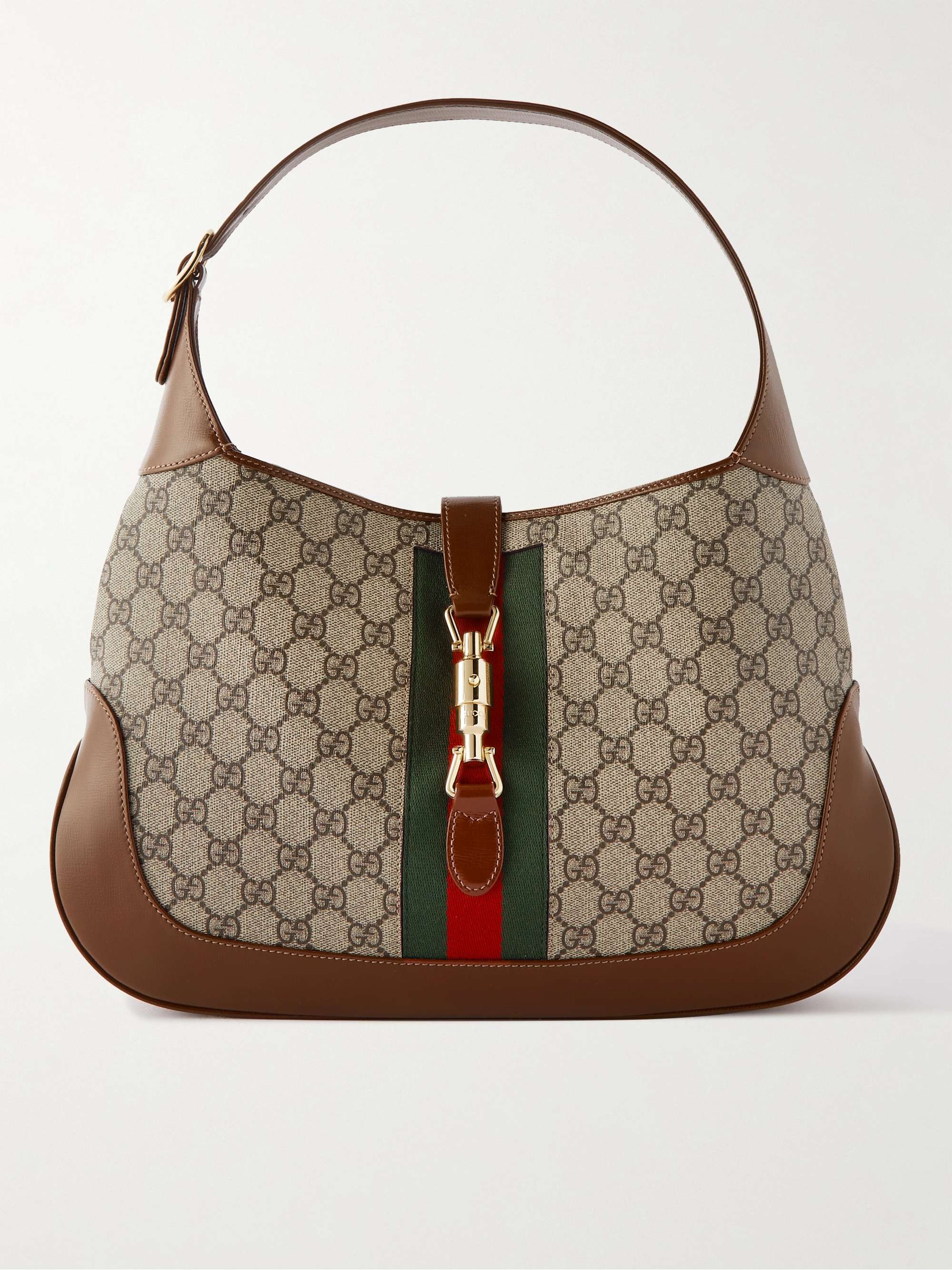 GUCCI Jackie 1961 Medium Webbing-Trimmed Monogrammed Coated-Canvas and Leather Tote Bag