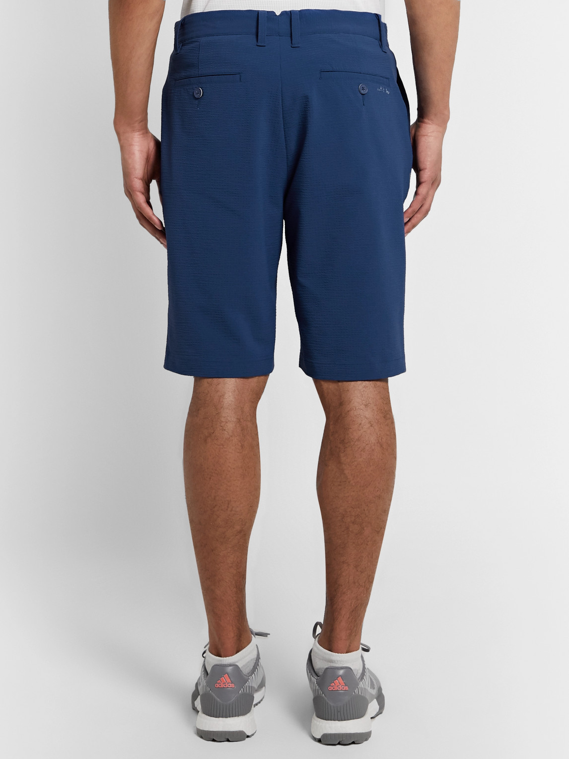 Shop Adidas Golf Adipure Slim-fit Stretch-seersucker Golf Shorts In Blue