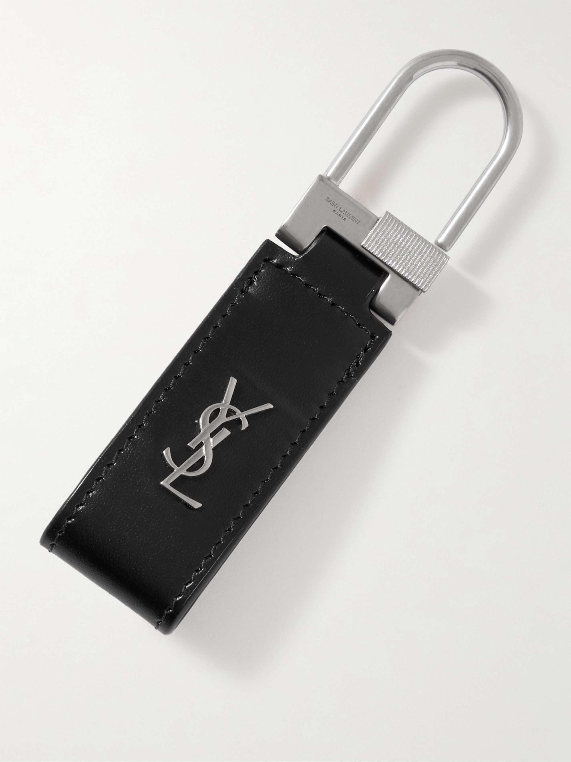 SAINT LAURENT Logo-Detailed Silver-Tone and Leather Key Fob