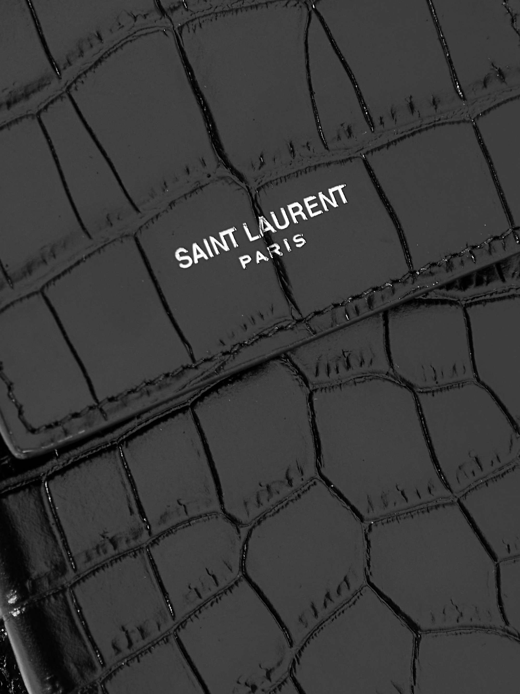SAINT LAURENT Croc-Effect Leather Phone Pouch with Lanyard