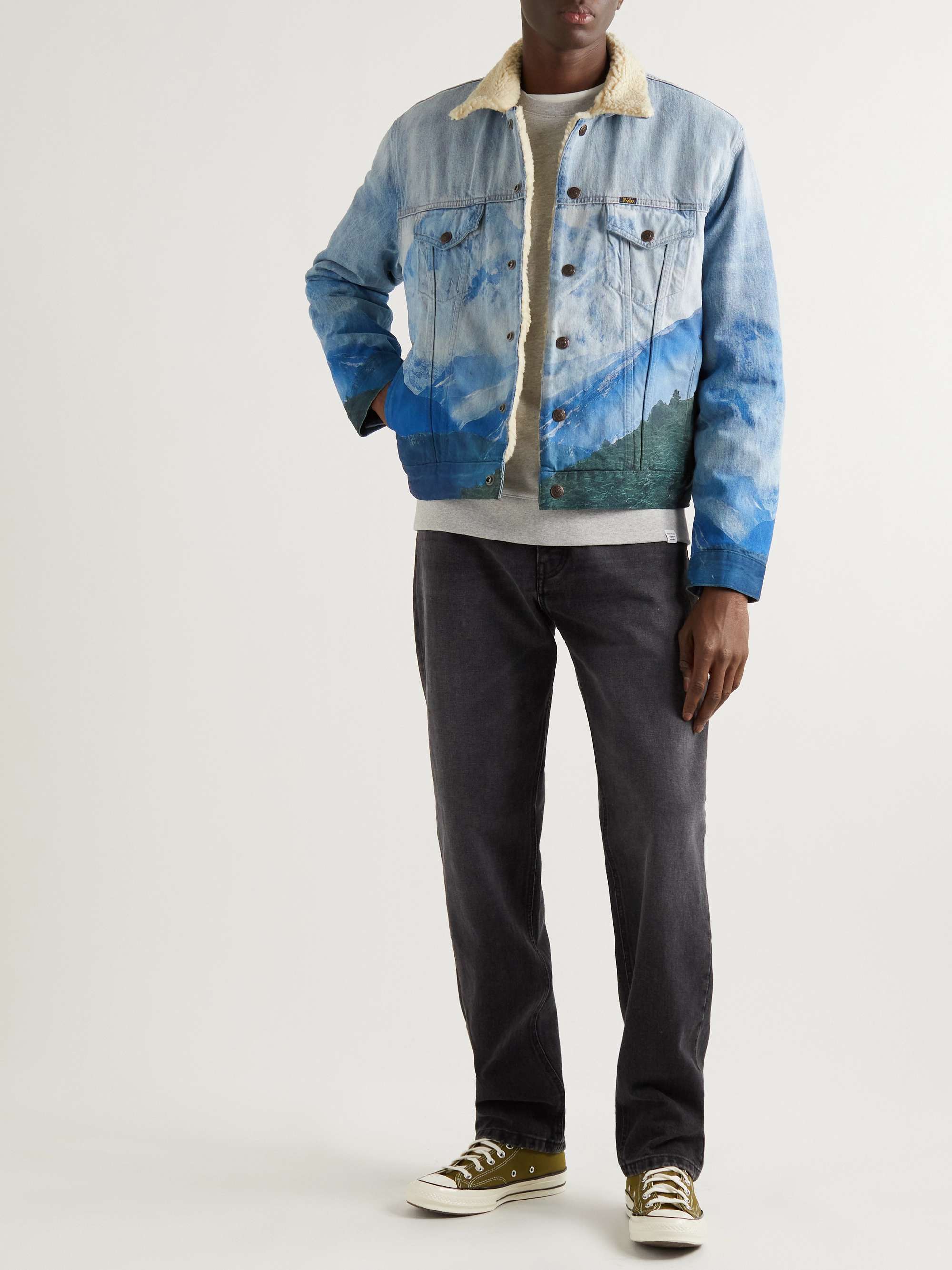 Blue Faux Shearling-Trimmed Printed Denim Trucker Jacket | POLO RALPH ...