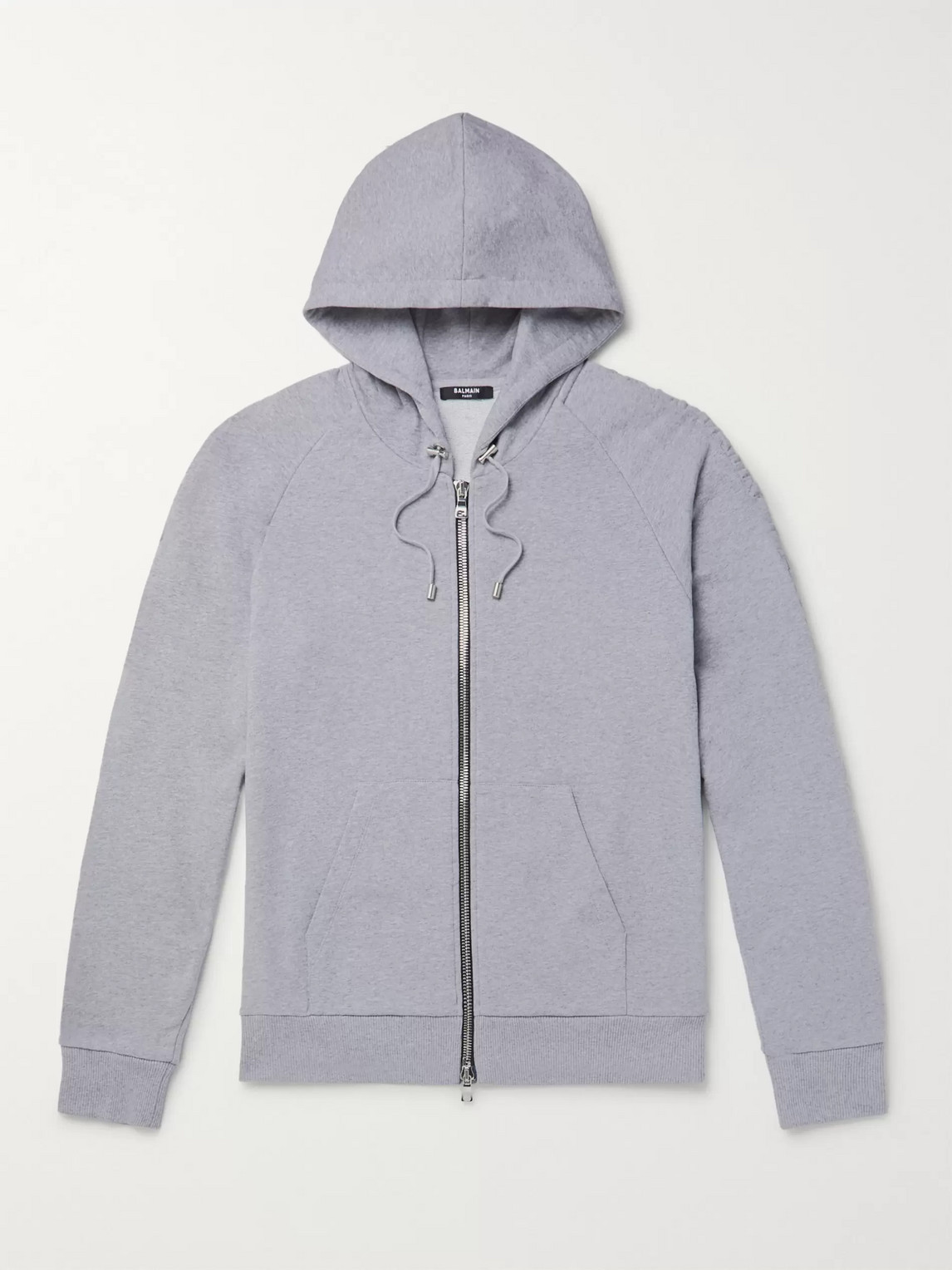 Balmain Slim-fit Logo-embossed Mélange Loopback Cotton-jersey Zip-up Hoodie In Gray