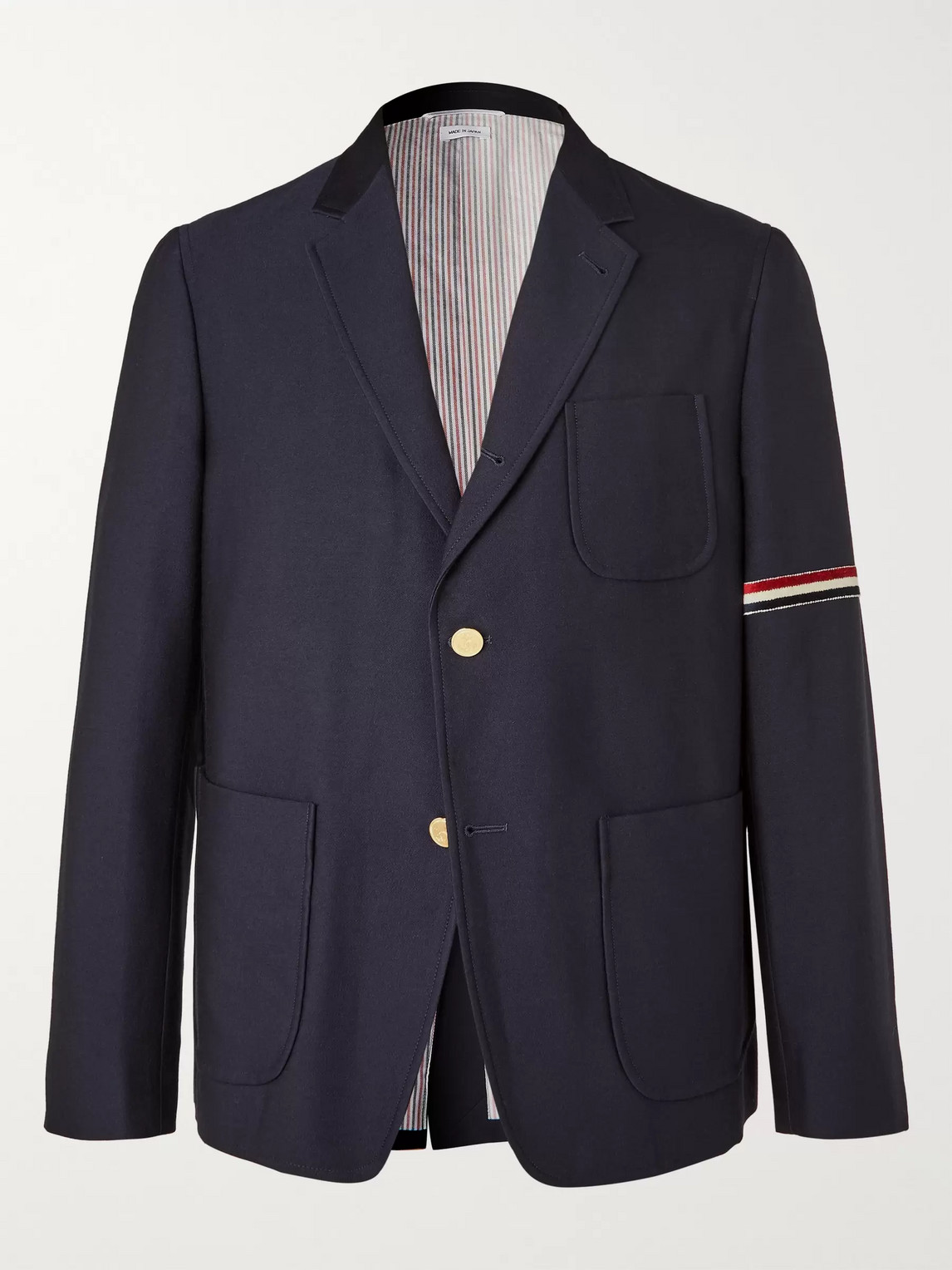 Thom Browne Striped Velvet-trimmed Unstructured Wool And Cotton-blend Blazer In Blue