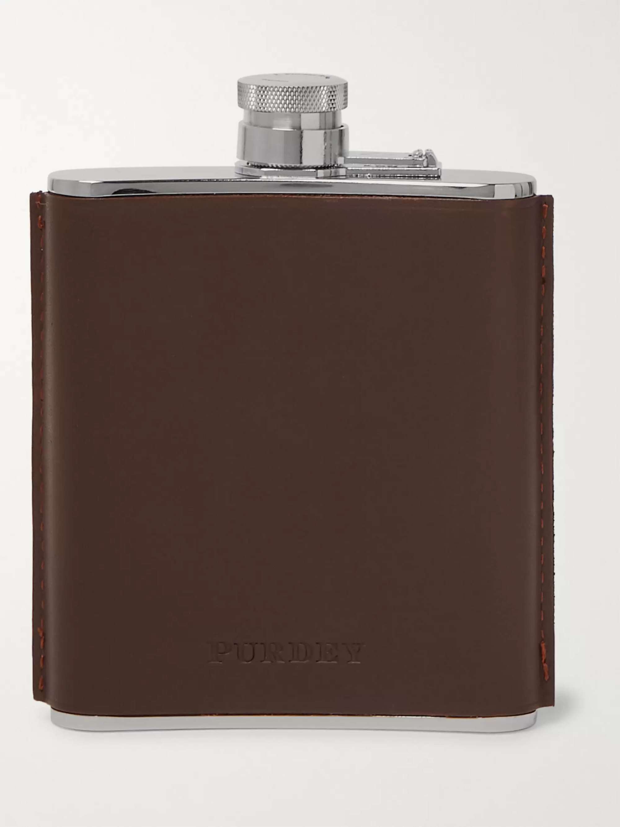 PURDEY Leather and Stainless Steel Flask