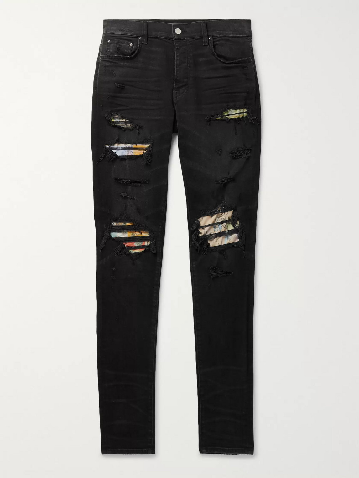 Amiri Hawaiian Thrasher Skinny-fit Distressed Stretch-denim Jeans In Black