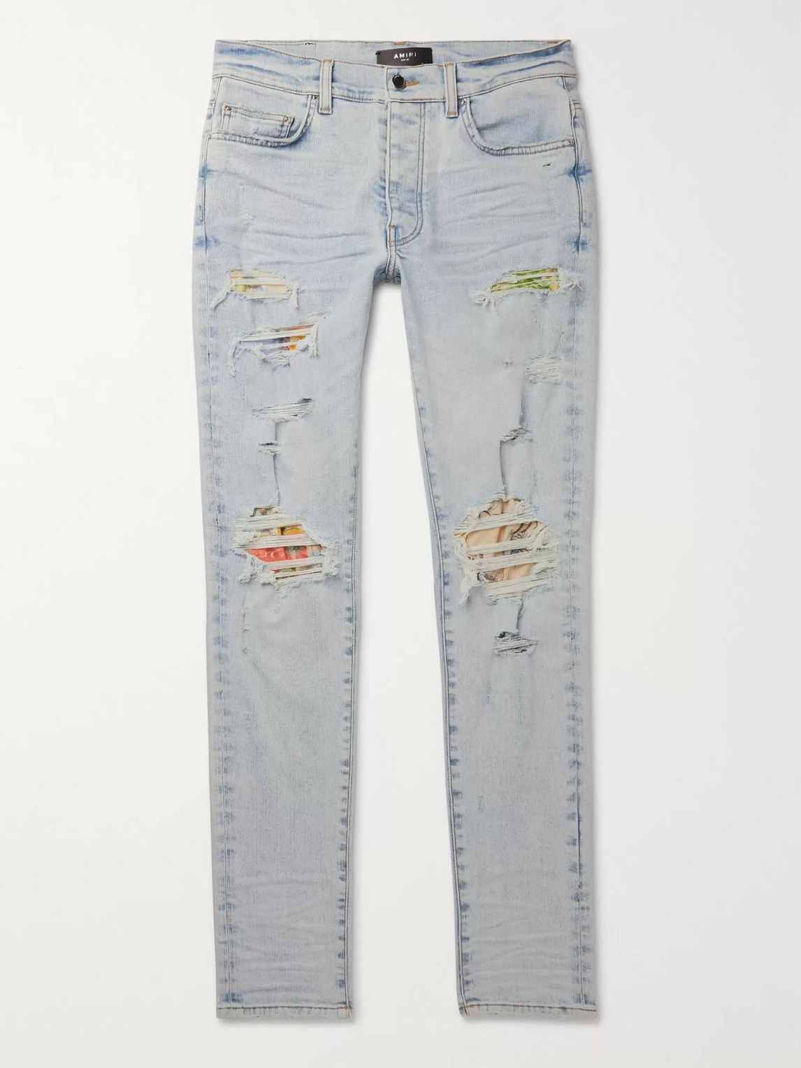 Amiri Hawaiian Thrasher Skinny-fit Distressed Stretch-denim Jeans In Blue