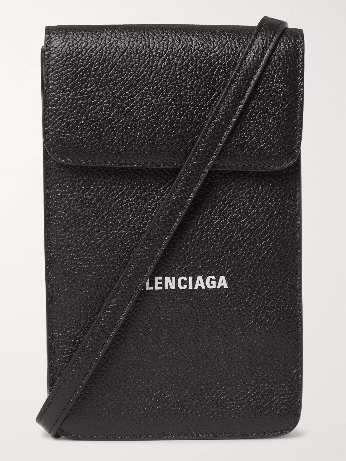 Balenciaga Logo-print Full-grain Leather Pouch With Lanyard In Black