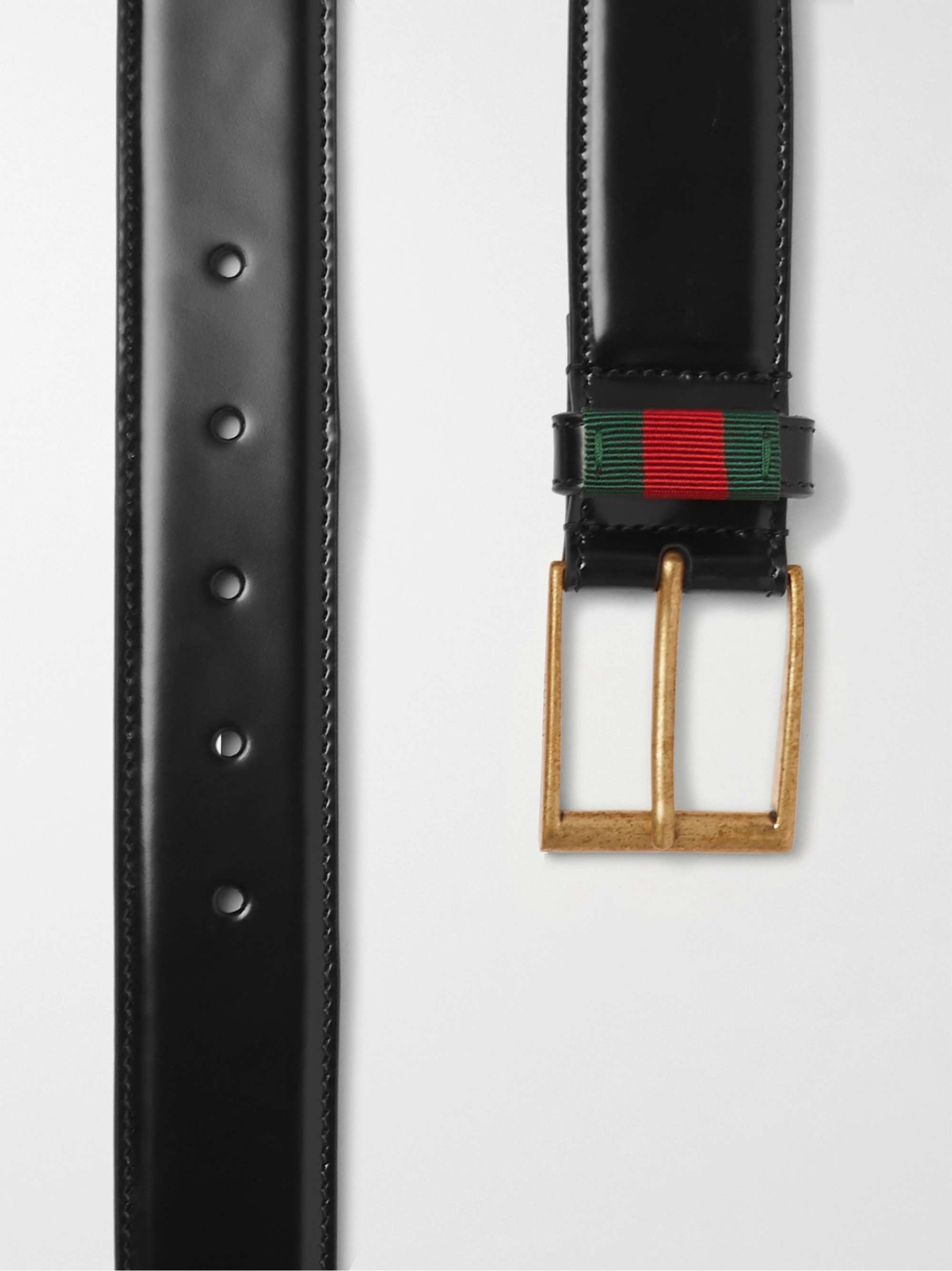 GUCCI 3.5cm Webbing-Trimmed Polished-Leather Belt